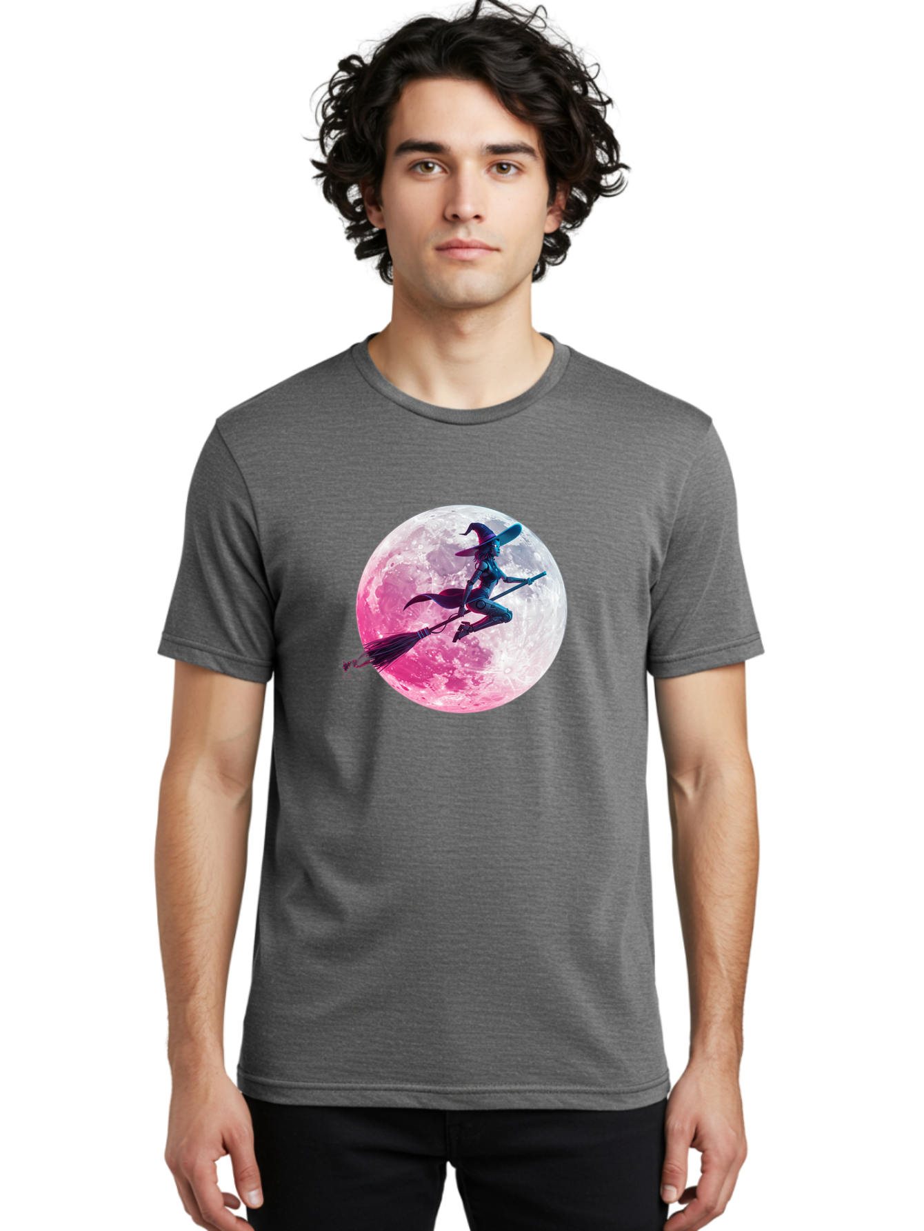 Witch-Flying-On-Broomstick-1 Men'S Graphic Tee, 100% Cotton, Comfortable Casual Summer Wear, Machine Washable, Witch Flying On Broomstick, Full Moon, Mystical Powers, Magical Night, Fantasy Scene, Supernatural Being, Occult Practices, Bad920
