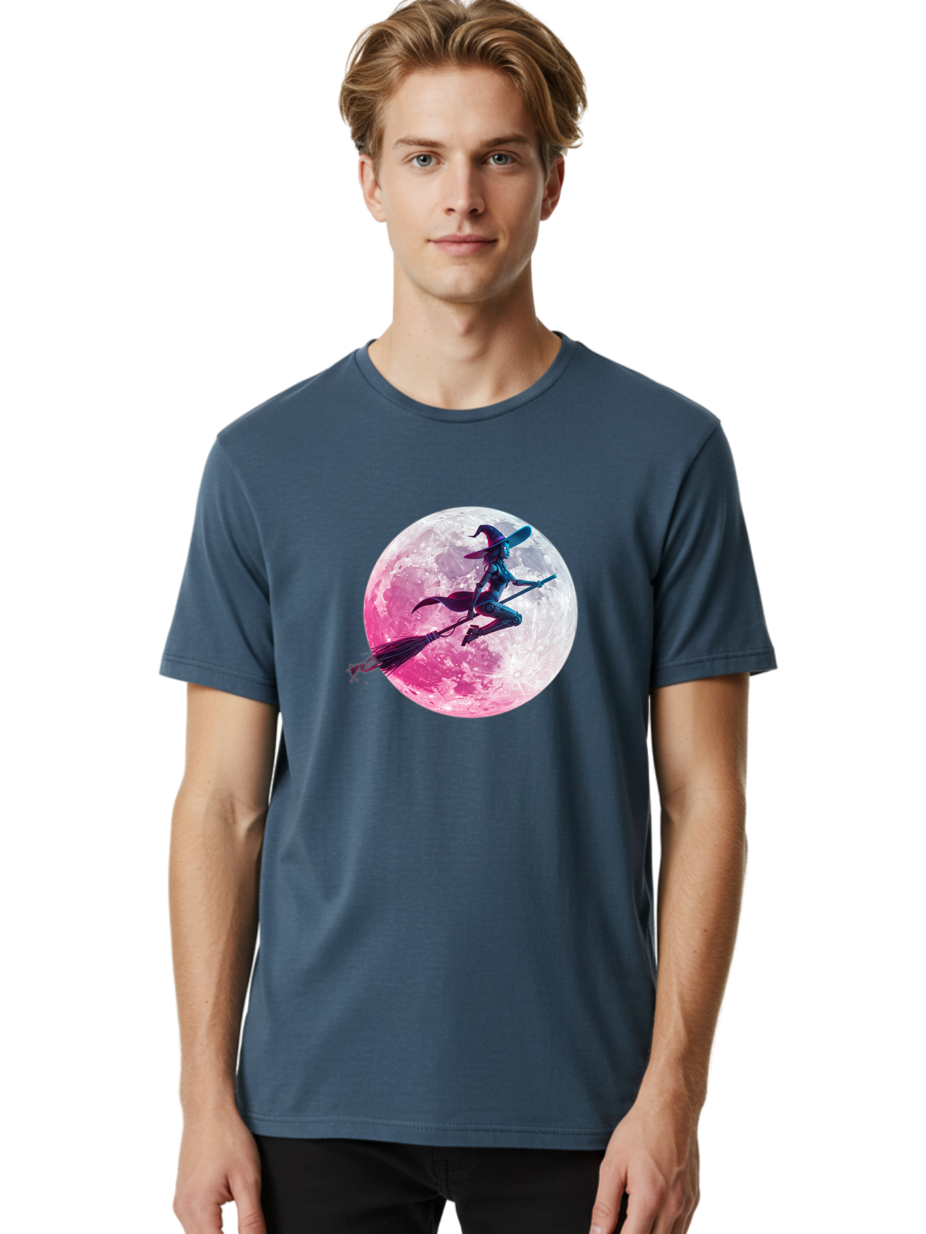Witch-Flying-On-Broomstick-1 Men'S Graphic Tee, 100% Cotton, Comfortable Casual Summer Wear, Machine Washable, Witch Flying On Broomstick, Full Moon, Mystical Powers, Magical Night, Fantasy Scene, Supernatural Being, Occult Practices, Bad920