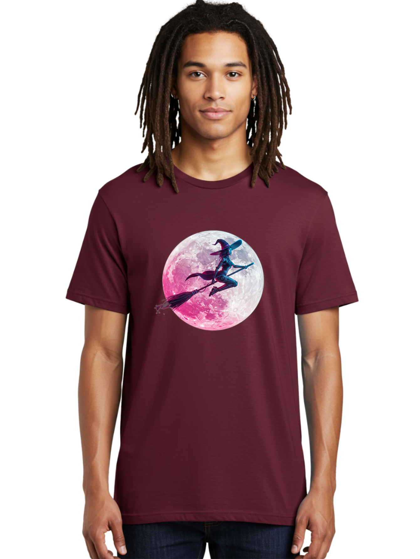 Witch-Flying-On-Broomstick-1 Men'S Graphic Tee, 100% Cotton, Comfortable Casual Summer Wear, Machine Washable, Witch Flying On Broomstick, Full Moon, Mystical Powers, Magical Night, Fantasy Scene, Supernatural Being, Occult Practices, Bad920