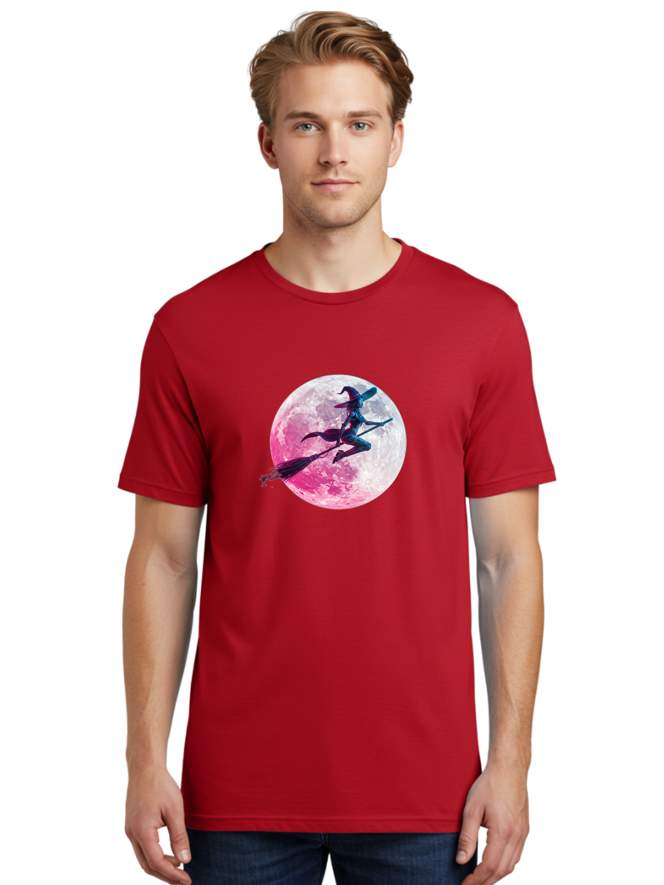 Witch-Flying-On-Broomstick-1 Men'S Graphic Tee, 100% Cotton, Comfortable Casual Summer Wear, Machine Washable, Witch Flying On Broomstick, Full Moon, Mystical Powers, Magical Night, Fantasy Scene, Supernatural Being, Occult Practices, Bad920