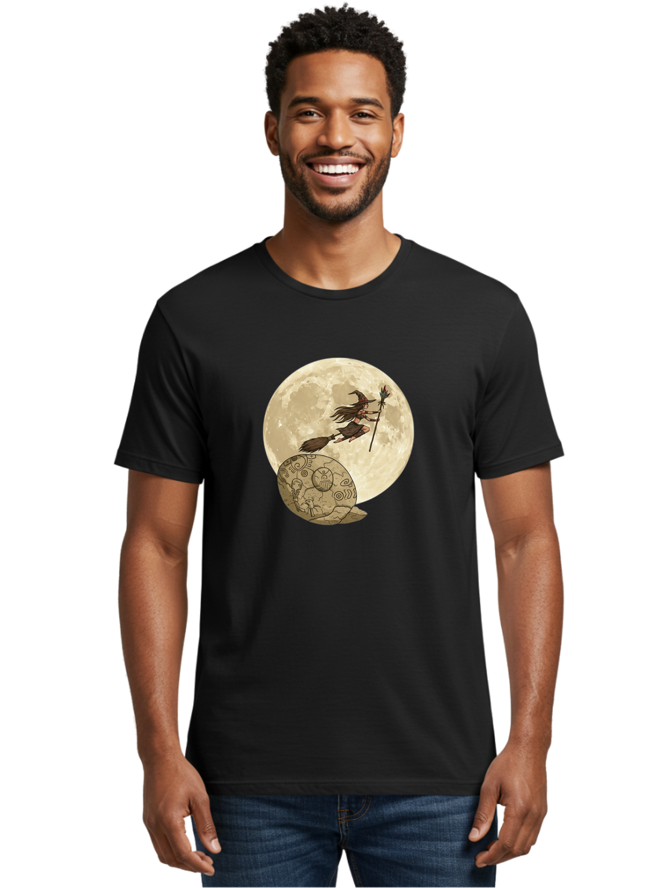 Witch-Flying-On-Broomstick-2 Men'S Graphic Tee, 100% Cotton, Comfortable Casual Summer Wear, Machine Washable, Witch Flying On Broomstick, Full Moon, Mystical Symbols, Lunar Magic, Fantasy Art, Halloween Theme, Mystical Creatures, Bad921