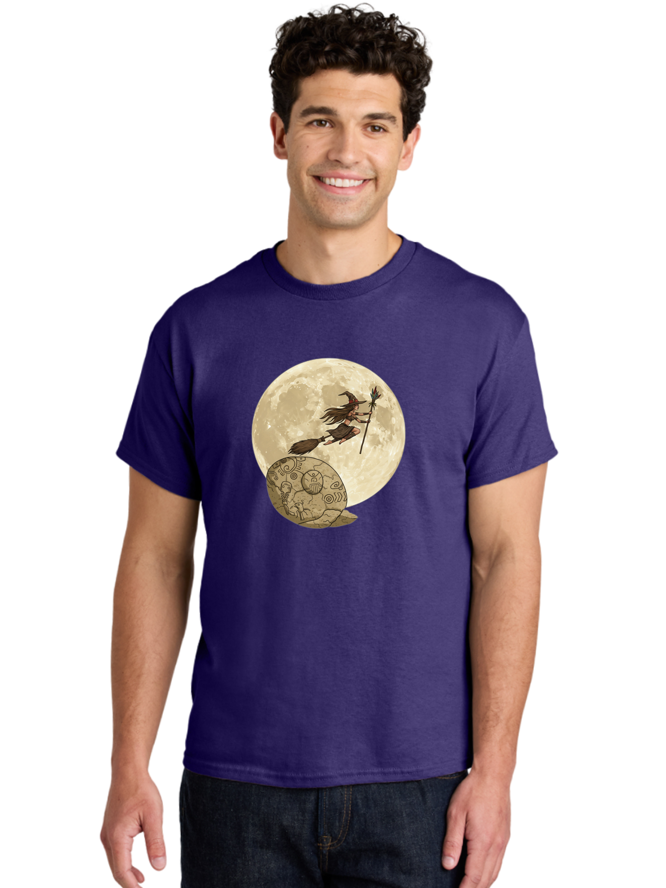 Witch-Flying-On-Broomstick-2 Men'S Graphic Tee, 100% Cotton, Comfortable Casual Summer Wear, Machine Washable, Witch Flying On Broomstick, Full Moon, Mystical Symbols, Lunar Magic, Fantasy Art, Halloween Theme, Mystical Creatures, Bad921