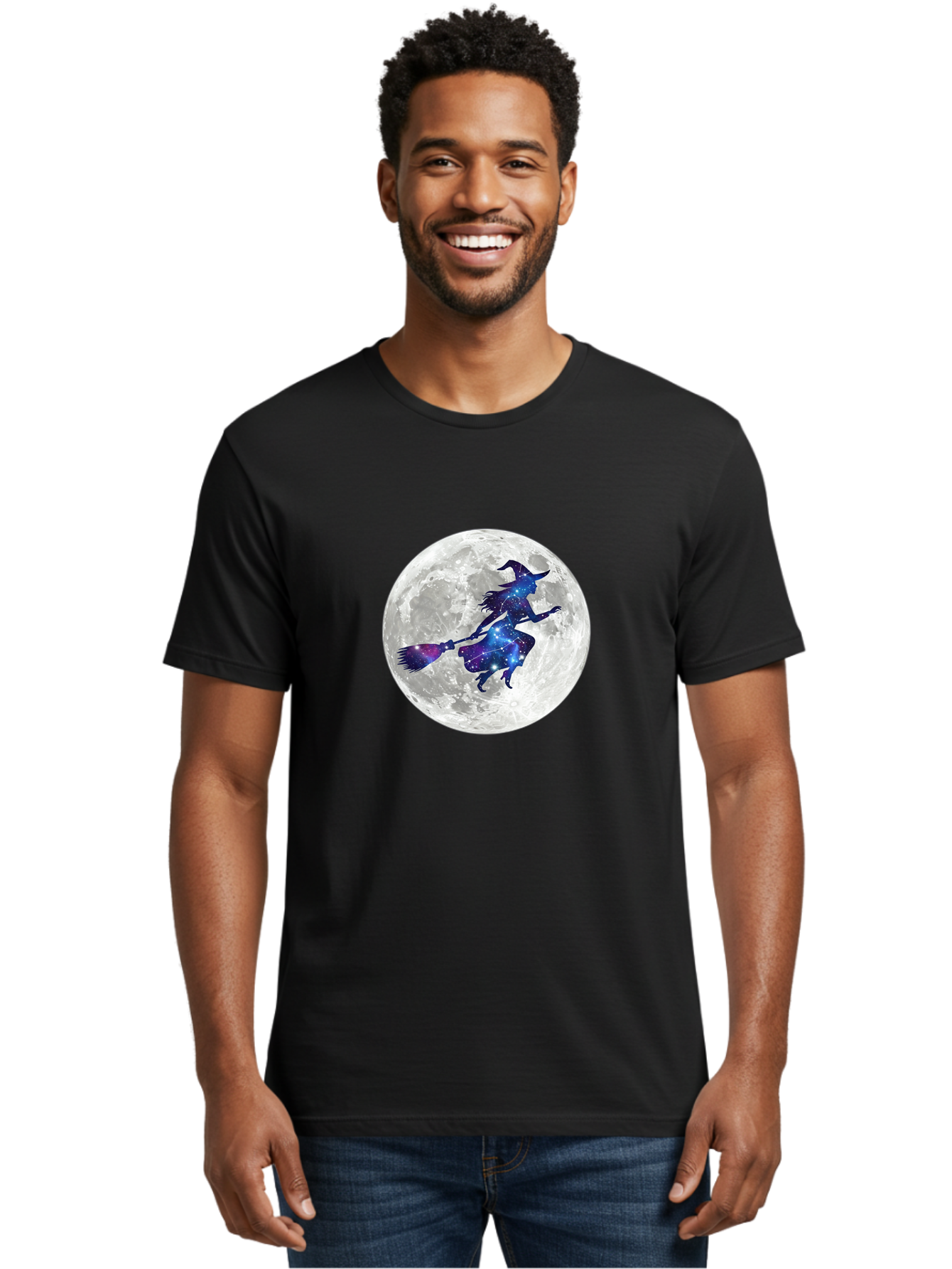Witch-Flying-On-Broomstick-3 Men'S Graphic Tee, 100% Cotton, Comfortable Casual Summer Wear, Machine Washable, Witch Flying On Broomstick, Full Moon, Galaxy Silhouette, Mystical Magic, Celestial Wonder, Night Sky, Halloween Theme, Bad922