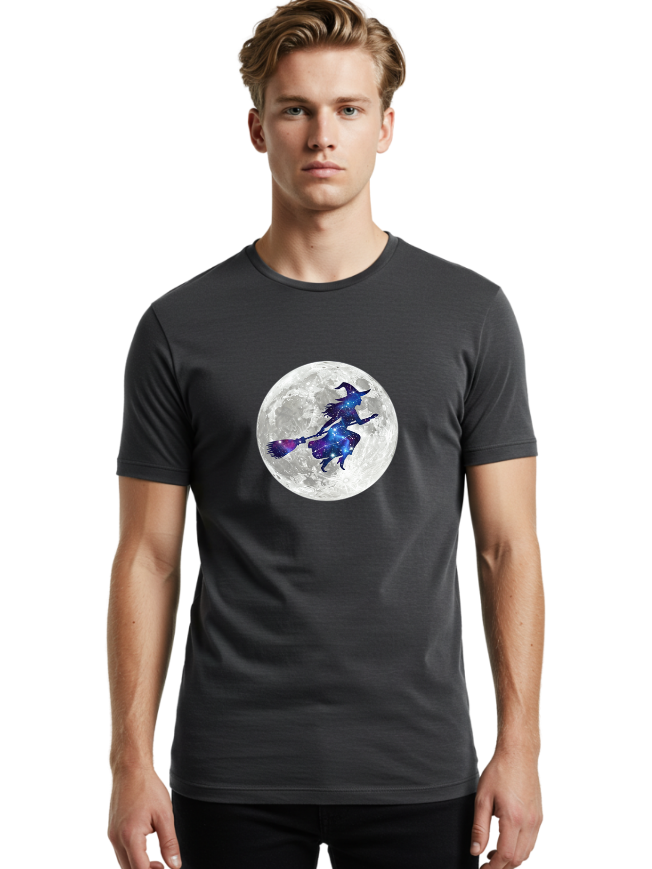 Witch-Flying-On-Broomstick-3 Men'S Graphic Tee, 100% Cotton, Comfortable Casual Summer Wear, Machine Washable, Witch Flying On Broomstick, Full Moon, Galaxy Silhouette, Mystical Magic, Celestial Wonder, Night Sky, Halloween Theme, Bad922