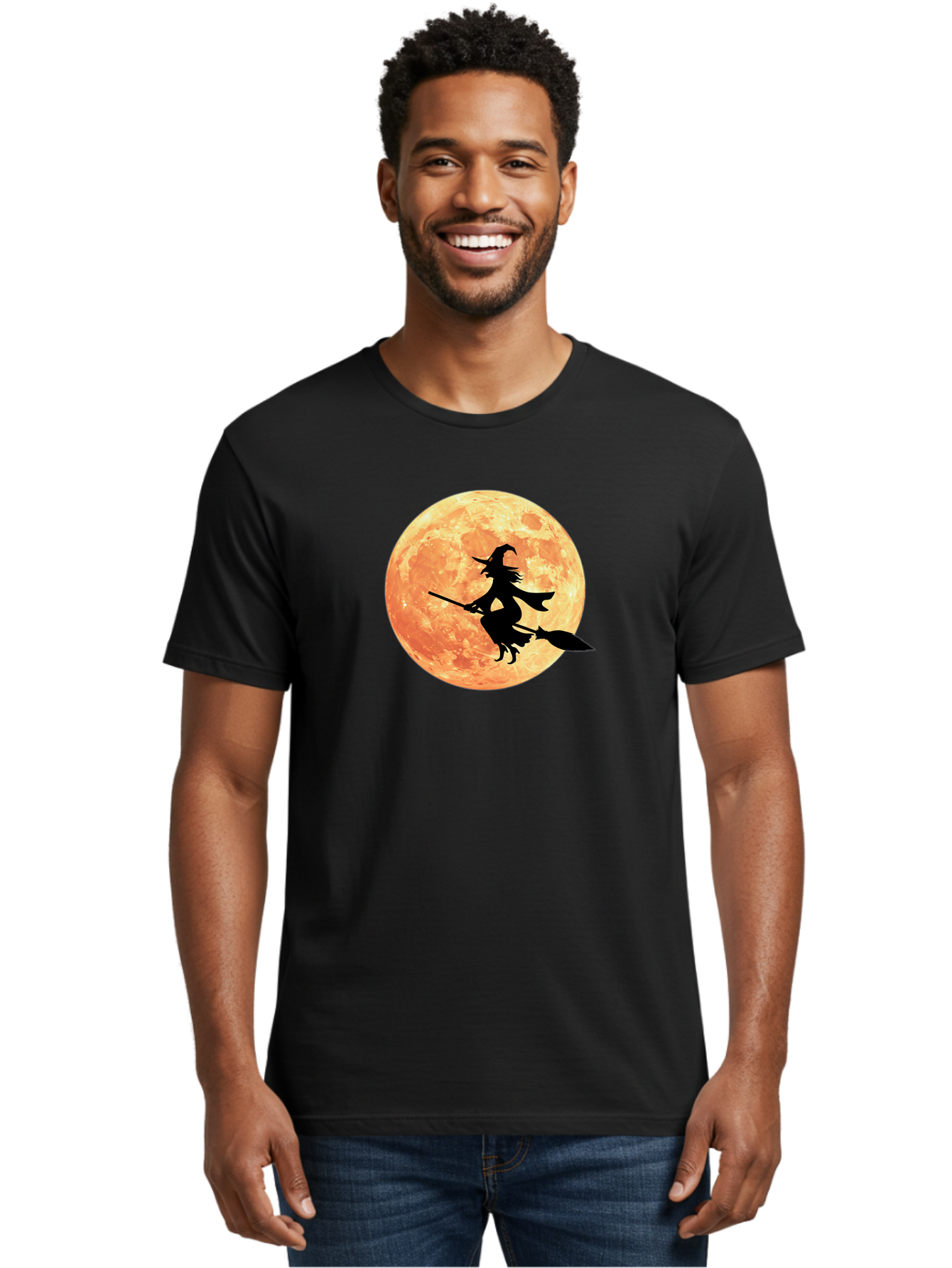 Witch-Flying-On-Broomstick Men'S Graphic Tee, 100% Cotton, Comfortable Casual Summer Wear, Machine Washable, Witch Flying On Broomstick, Full Moon, Orange Moon, Silhouette, Magic, Halloween, Witchcraft, Flying Witch, Mystical, Bad923