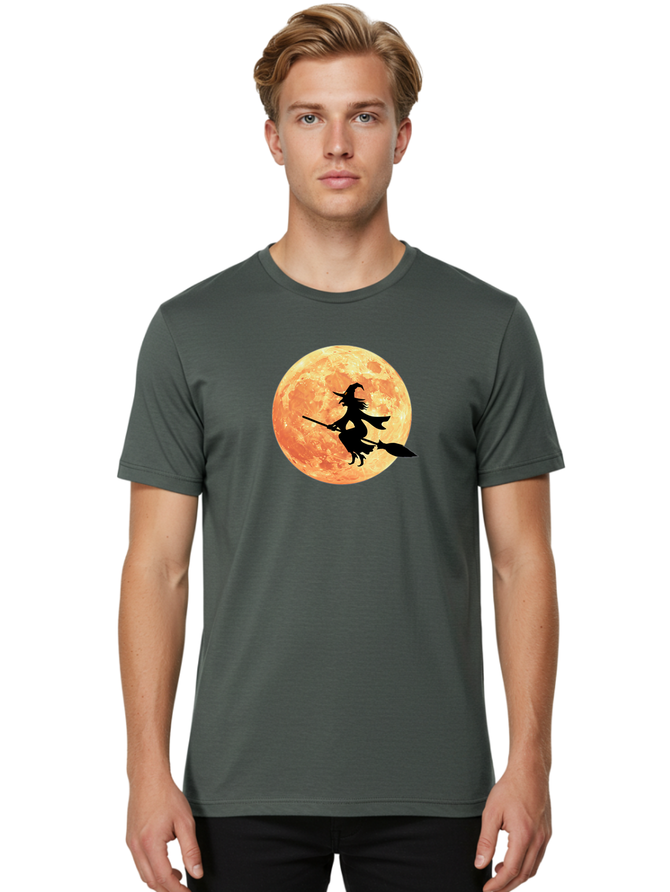 Witch-Flying-On-Broomstick Men'S Graphic Tee, 100% Cotton, Comfortable Casual Summer Wear, Machine Washable, Witch Flying On Broomstick, Full Moon, Orange Moon, Silhouette, Magic, Halloween, Witchcraft, Flying Witch, Mystical, Bad923
