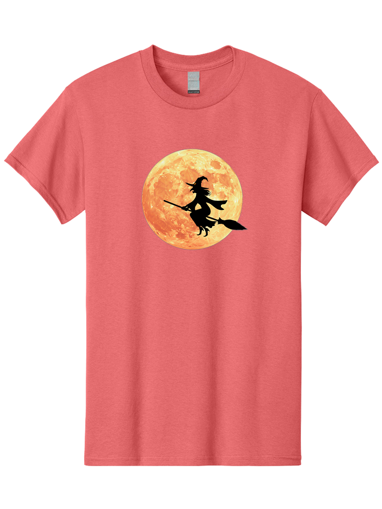 Witch-Flying-On-Broomstick Men'S Graphic Tee, 100% Cotton, Comfortable Casual Summer Wear, Machine Washable, Witch Flying On Broomstick, Full Moon, Orange Moon, Silhouette, Magic, Halloween, Witchcraft, Flying Witch, Mystical, Bad923