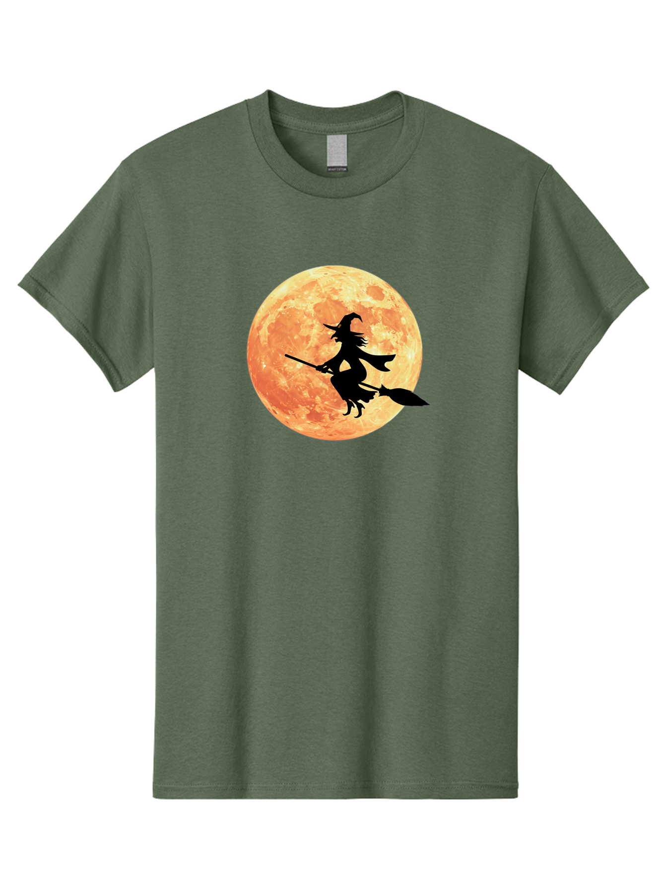 Witch-Flying-On-Broomstick Men'S Graphic Tee, 100% Cotton, Comfortable Casual Summer Wear, Machine Washable, Witch Flying On Broomstick, Full Moon, Orange Moon, Silhouette, Magic, Halloween, Witchcraft, Flying Witch, Mystical, Bad923