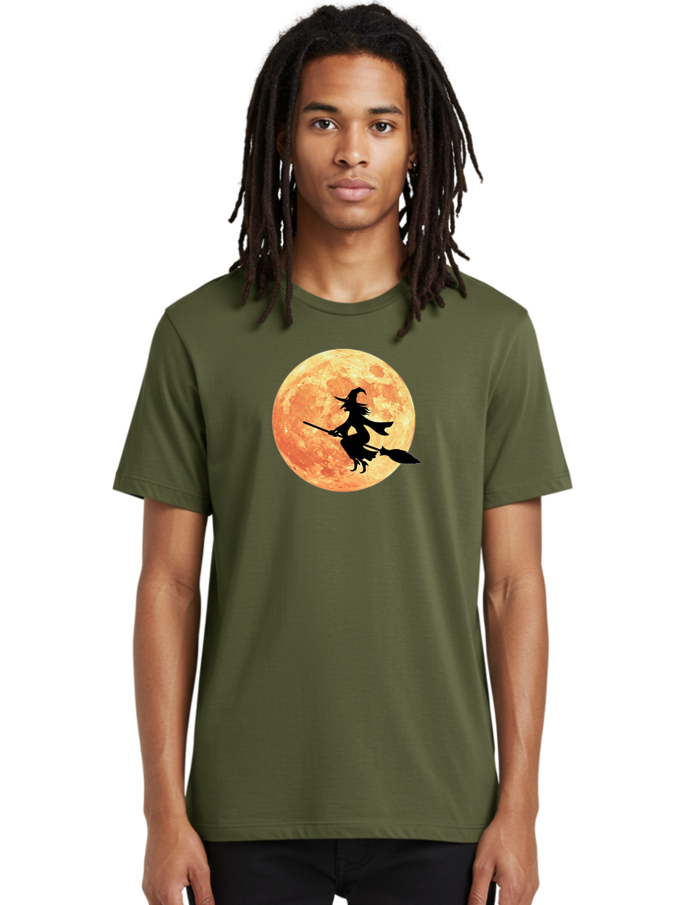 Witch-Flying-On-Broomstick Men'S Graphic Tee, 100% Cotton, Comfortable Casual Summer Wear, Machine Washable, Witch Flying On Broomstick, Full Moon, Orange Moon, Silhouette, Magic, Halloween, Witchcraft, Flying Witch, Mystical, Bad923