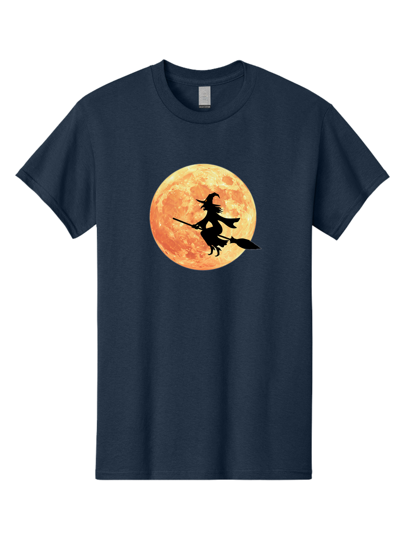 Witch-Flying-On-Broomstick Men'S Graphic Tee, 100% Cotton, Comfortable Casual Summer Wear, Machine Washable, Witch Flying On Broomstick, Full Moon, Orange Moon, Silhouette, Magic, Halloween, Witchcraft, Flying Witch, Mystical, Bad923