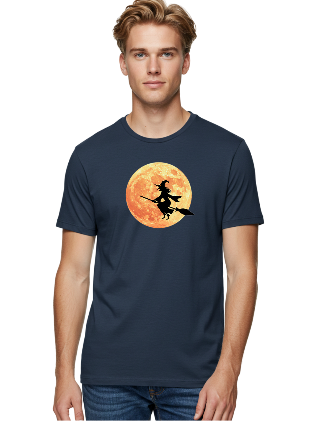 Witch-Flying-On-Broomstick Men'S Graphic Tee, 100% Cotton, Comfortable Casual Summer Wear, Machine Washable, Witch Flying On Broomstick, Full Moon, Orange Moon, Silhouette, Magic, Halloween, Witchcraft, Flying Witch, Mystical, Bad923