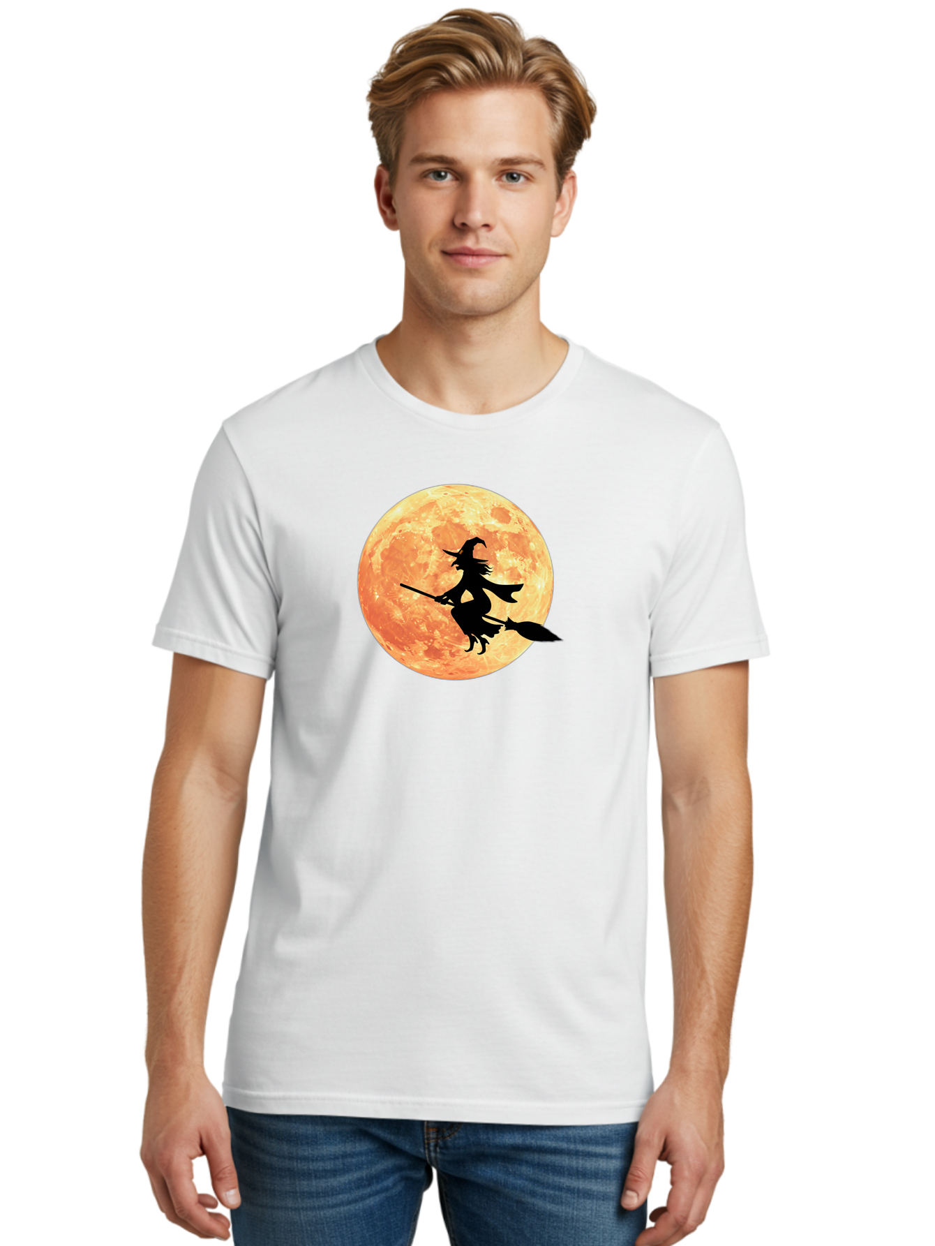 Witch-Flying-On-Broomstick Men'S Graphic Tee, 100% Cotton, Comfortable Casual Summer Wear, Machine Washable, Witch Flying On Broomstick, Full Moon, Orange Moon, Silhouette, Magic, Halloween, Witchcraft, Flying Witch, Mystical, Bad923