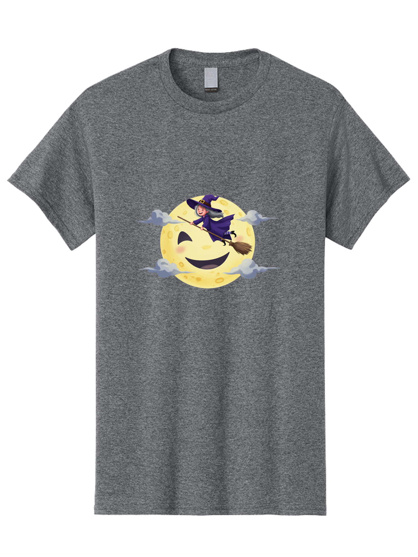 Witch-On-Broomstick-1 Men'S Graphic Tee, 100% Cotton, Comfortable Casual Summer Wear, Machine Washable, Witch Flying On Broomstick, Jack O'Lantern Moon, Halloween Scene, Cartoon Style, Smiling Moon, Spooky Atmosphere, Autumnal Theme, Bad925