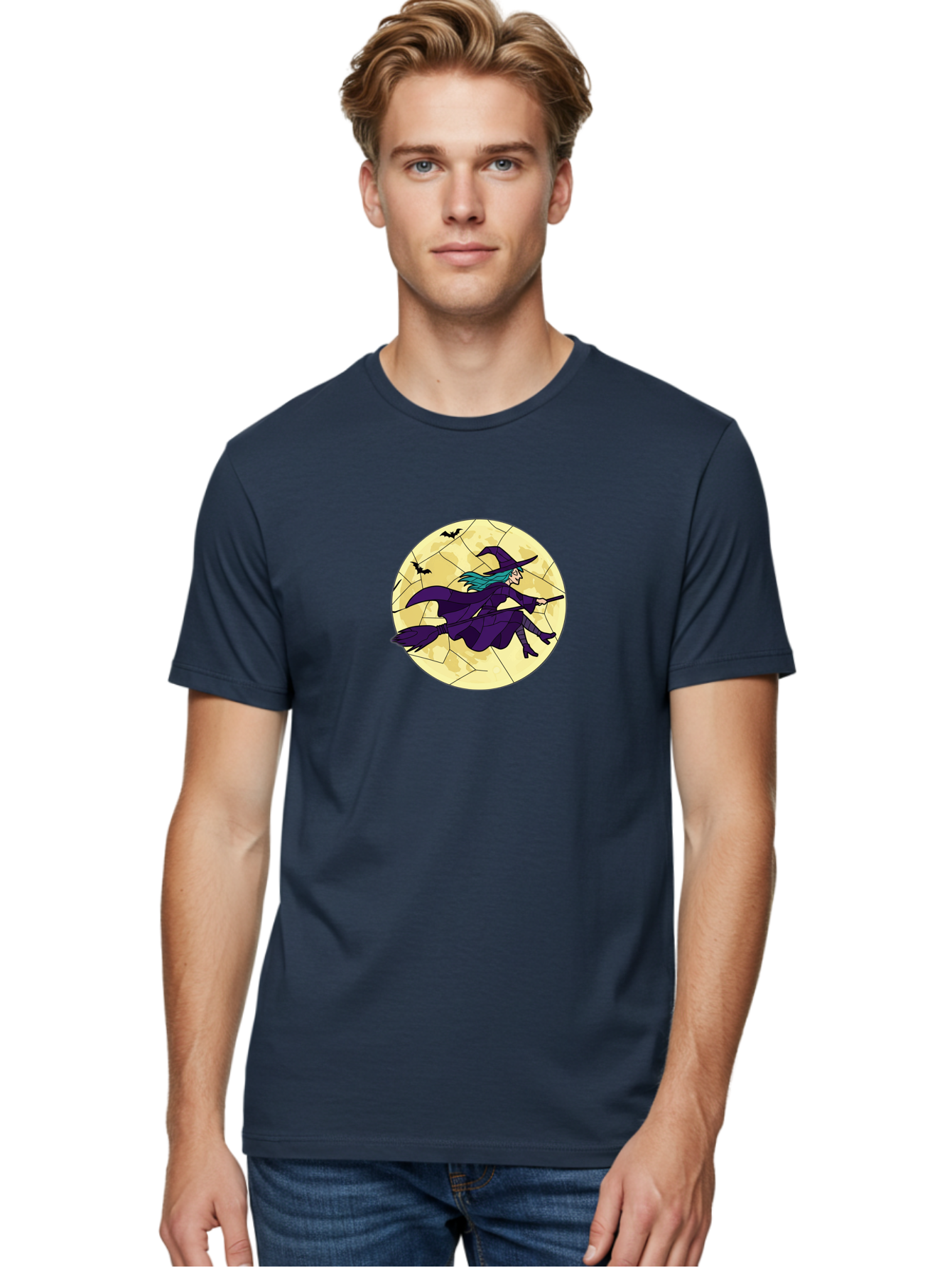 Witch-On-Broomstick Men'S Graphic Tee, 100% Cotton, Comfortable Casual Summer Wear, Machine Washable, Witch Flying On Broomstick, Full Moon, Bats Flying, Purple Dress, Magic Spell, Halloween Theme, Mystical Night, Spooky Atmosphere Bad926