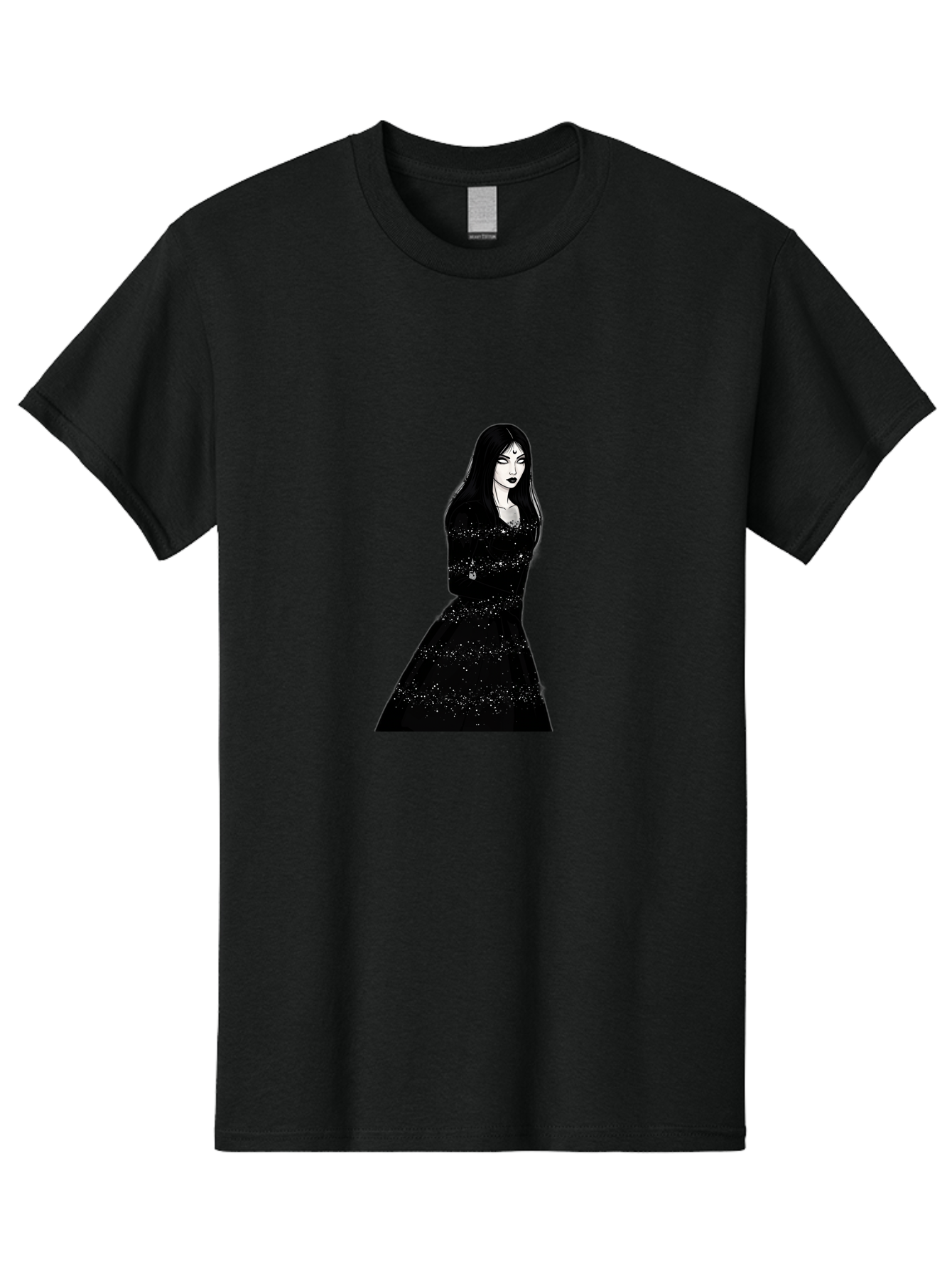 Woman-In-Black-Dress Men'S Graphic Tee, 100% Cotton, Comfortable Casual Summer Wear, Machine Washable, Woman In Black Dress, Long Black Hair, Elegant Jewelry, Sparkling Dress, Dark Beauty, Fashion Illustration, Mysterious Woman, Bad928