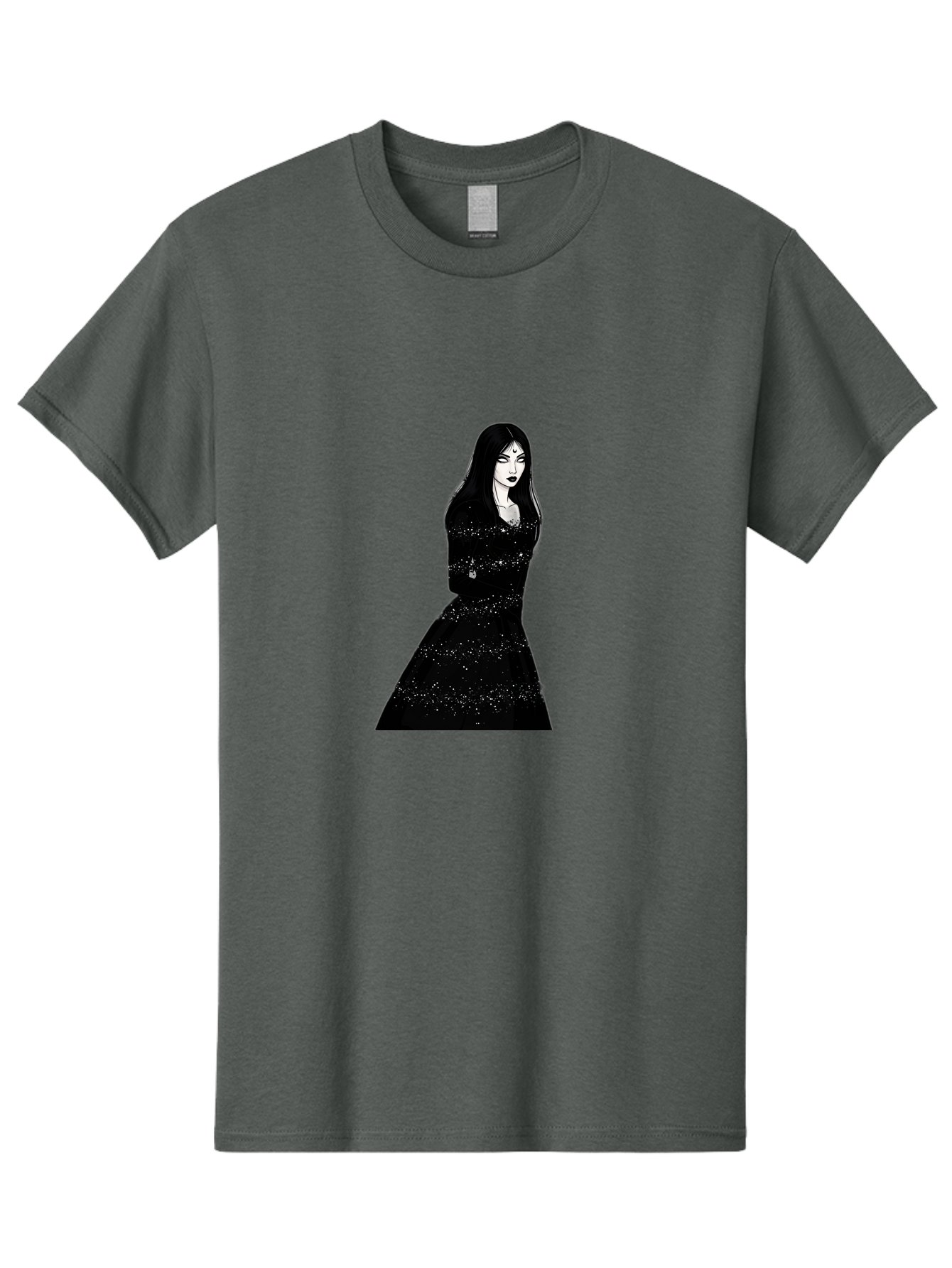 Woman-In-Black-Dress Men'S Graphic Tee, 100% Cotton, Comfortable Casual Summer Wear, Machine Washable, Woman In Black Dress, Long Black Hair, Elegant Jewelry, Sparkling Dress, Dark Beauty, Fashion Illustration, Mysterious Woman, Bad928
