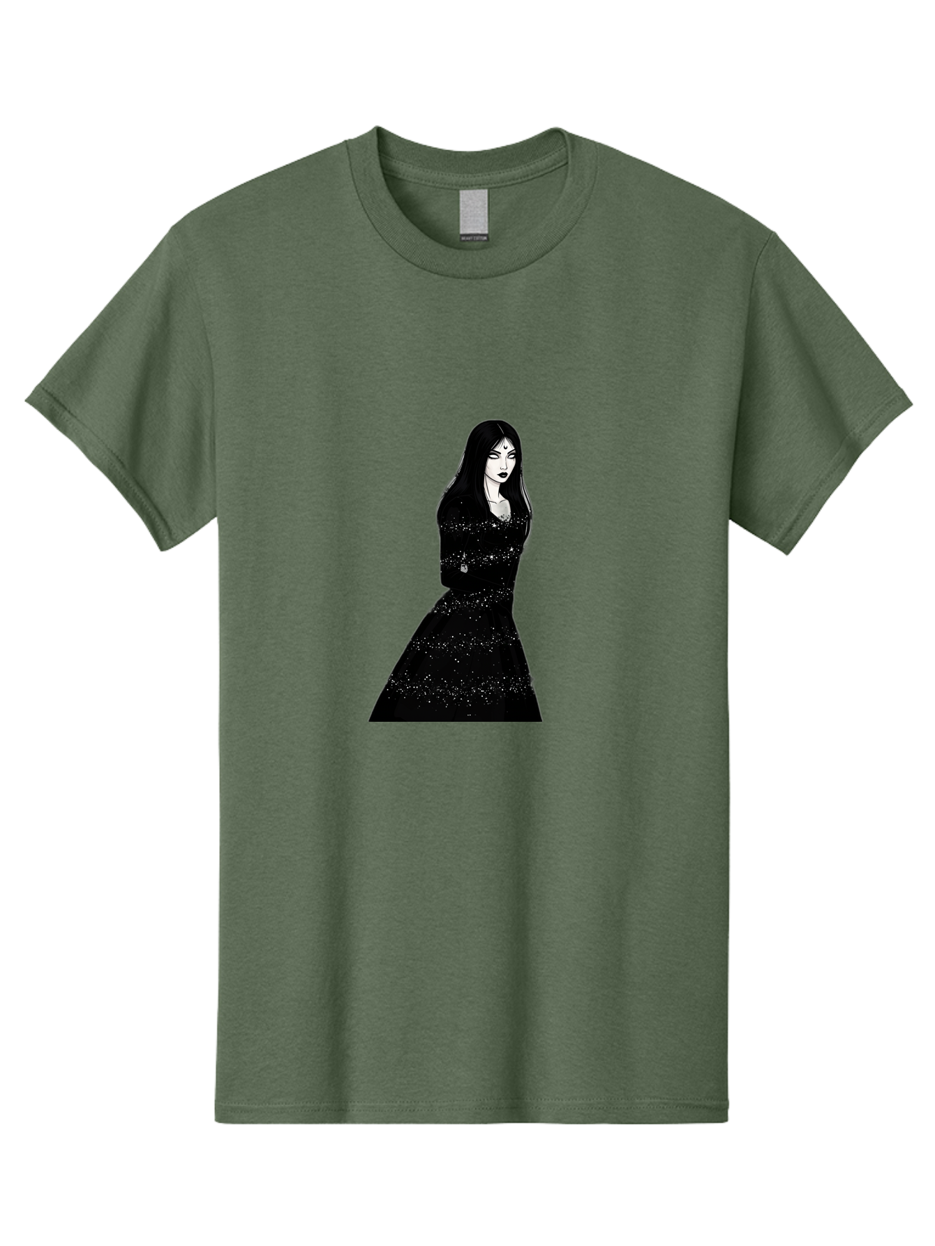 Woman-In-Black-Dress Men'S Graphic Tee, 100% Cotton, Comfortable Casual Summer Wear, Machine Washable, Woman In Black Dress, Long Black Hair, Elegant Jewelry, Sparkling Dress, Dark Beauty, Fashion Illustration, Mysterious Woman, Bad928
