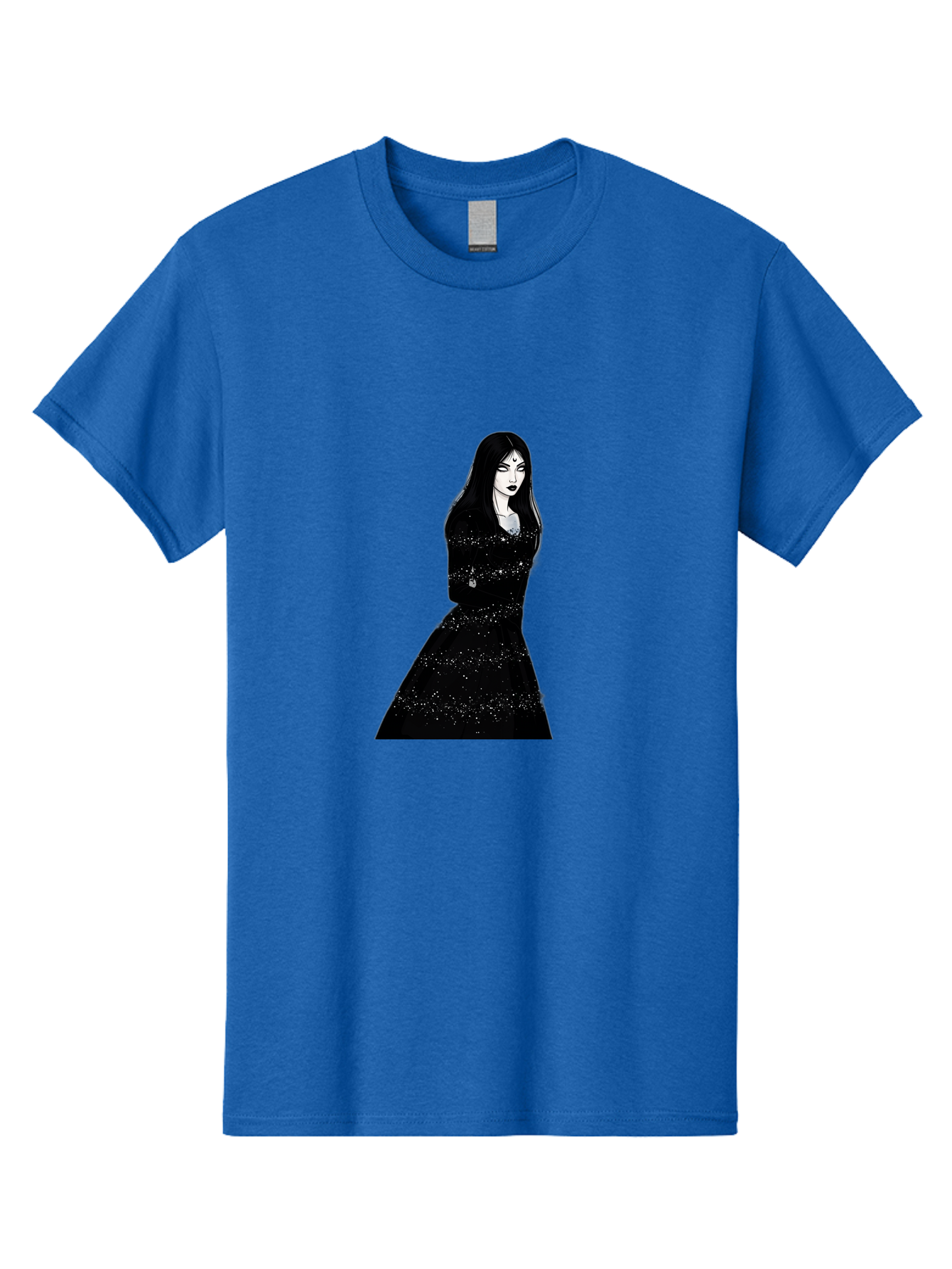 Woman-In-Black-Dress Men'S Graphic Tee, 100% Cotton, Comfortable Casual Summer Wear, Machine Washable, Woman In Black Dress, Long Black Hair, Elegant Jewelry, Sparkling Dress, Dark Beauty, Fashion Illustration, Mysterious Woman, Bad928