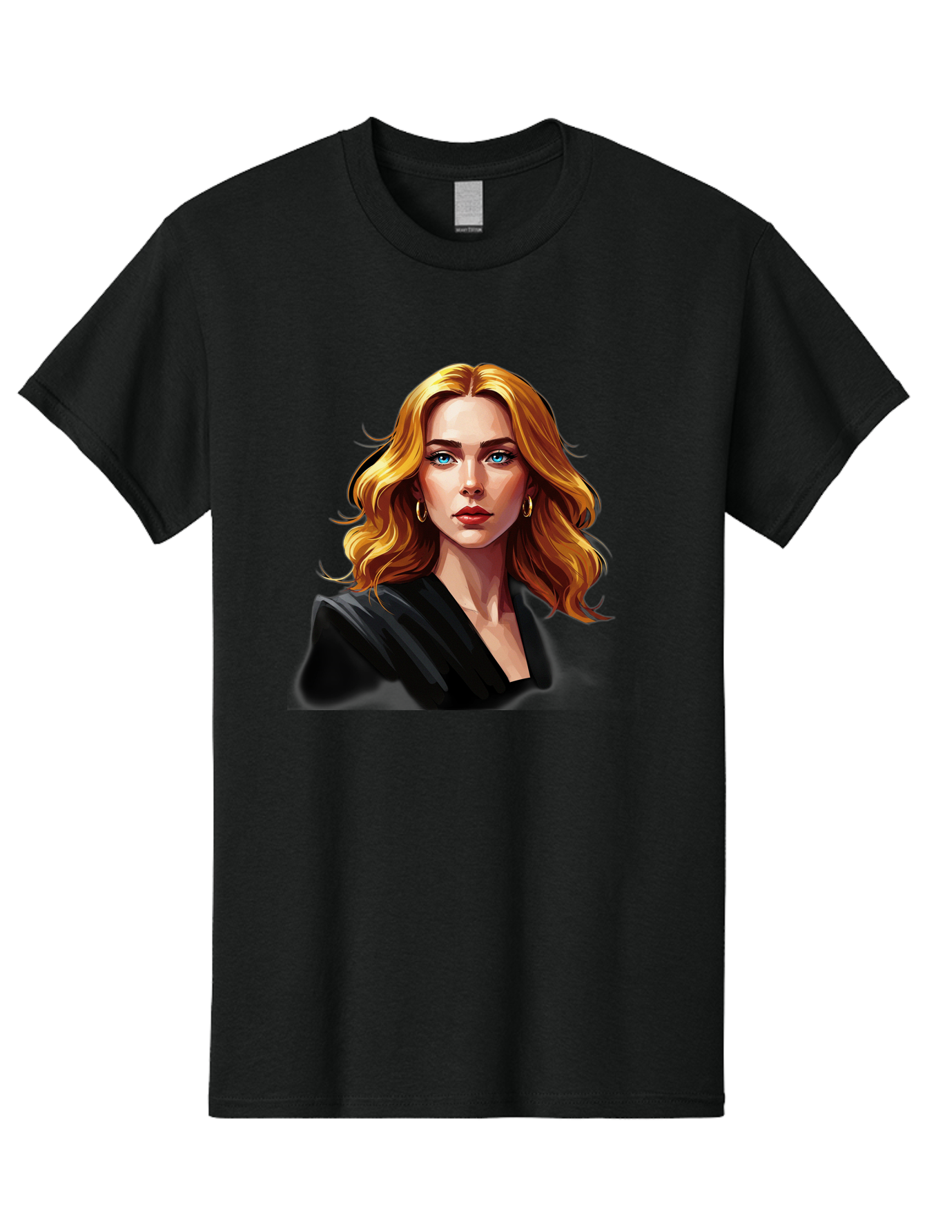 Woman-Portrait-1 Men'S Graphic Tee, 100% Cotton, Comfortable Casual Summer Wear, Machine Washable, Blonde Woman, Blue Eyes, Gold Hoop Earrings, Black Jacket, Fashion Portrait, Digital Art, Wavy Hair, Modern Style, Elegant Look, Bad929