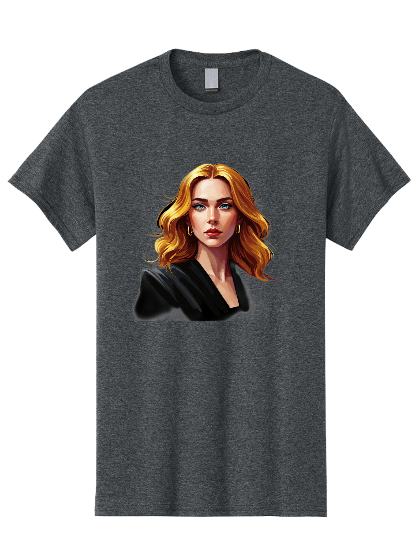 Woman-Portrait-1 Men'S Graphic Tee, 100% Cotton, Comfortable Casual Summer Wear, Machine Washable, Blonde Woman, Blue Eyes, Gold Hoop Earrings, Black Jacket, Fashion Portrait, Digital Art, Wavy Hair, Modern Style, Elegant Look, Bad929