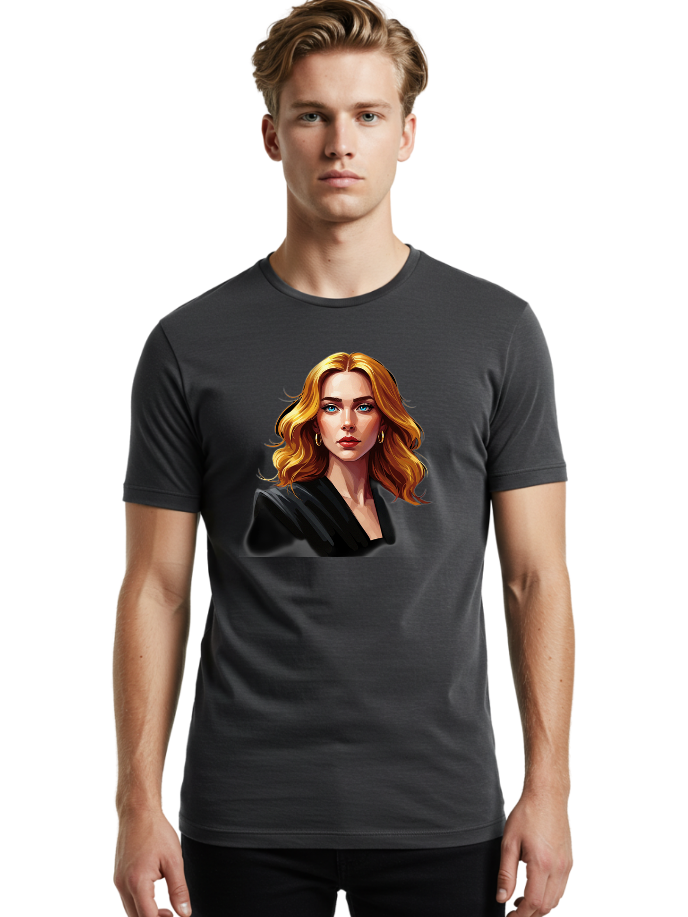 Woman-Portrait-1 Men'S Graphic Tee, 100% Cotton, Comfortable Casual Summer Wear, Machine Washable, Blonde Woman, Blue Eyes, Gold Hoop Earrings, Black Jacket, Fashion Portrait, Digital Art, Wavy Hair, Modern Style, Elegant Look, Bad929