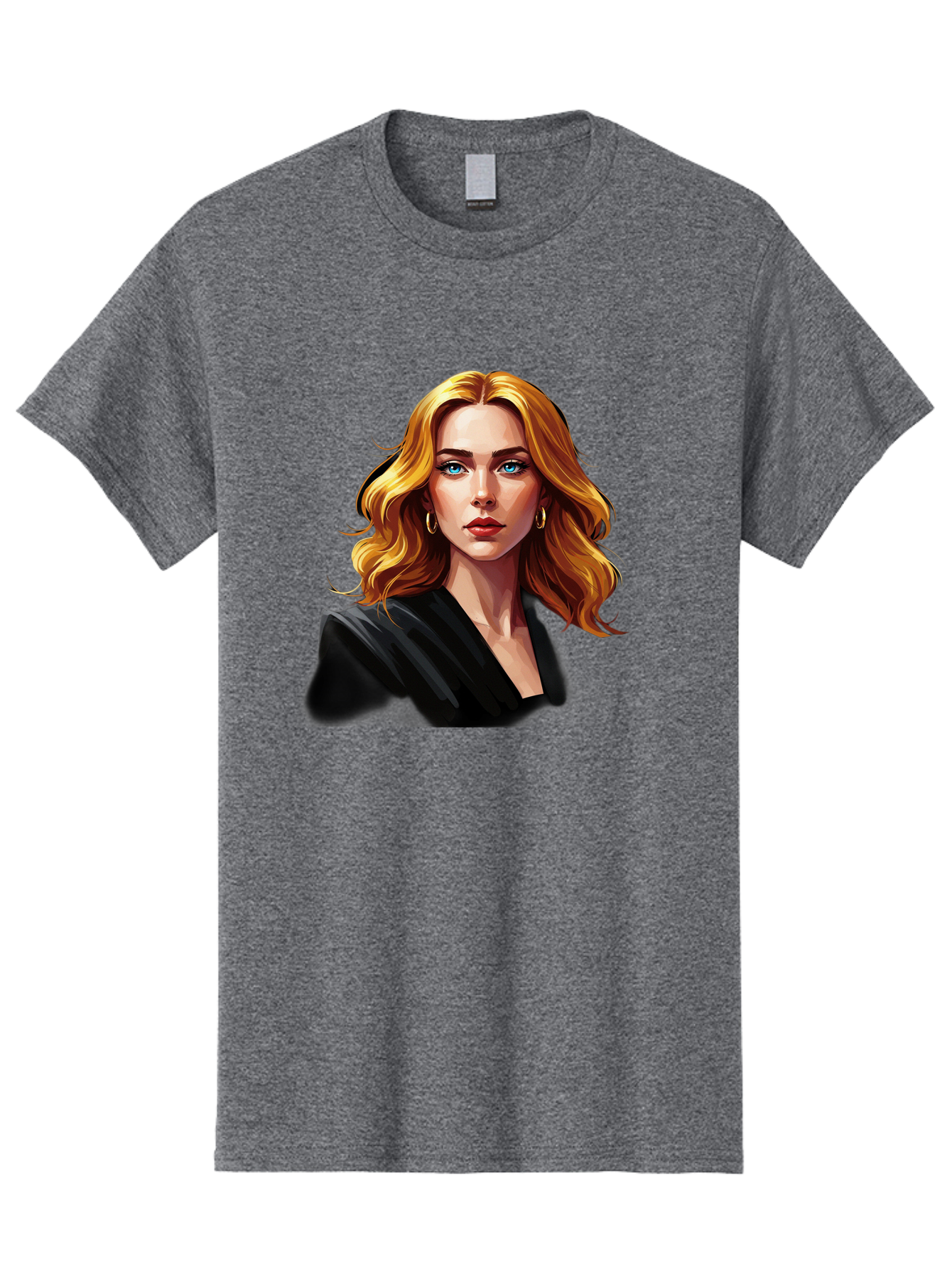 Woman-Portrait-1 Men'S Graphic Tee, 100% Cotton, Comfortable Casual Summer Wear, Machine Washable, Blonde Woman, Blue Eyes, Gold Hoop Earrings, Black Jacket, Fashion Portrait, Digital Art, Wavy Hair, Modern Style, Elegant Look, Bad929
