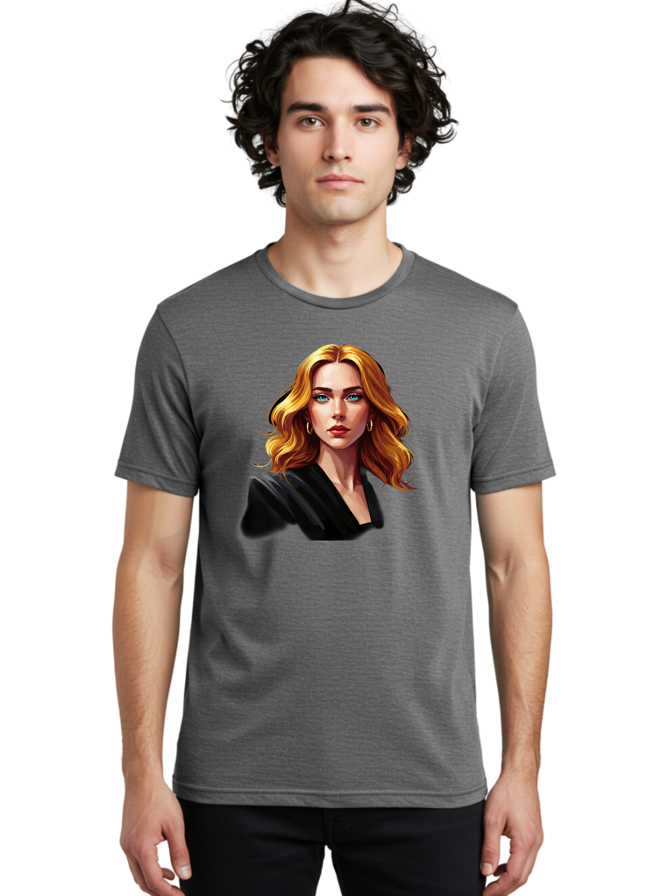 Woman-Portrait-1 Men'S Graphic Tee, 100% Cotton, Comfortable Casual Summer Wear, Machine Washable, Blonde Woman, Blue Eyes, Gold Hoop Earrings, Black Jacket, Fashion Portrait, Digital Art, Wavy Hair, Modern Style, Elegant Look, Bad929