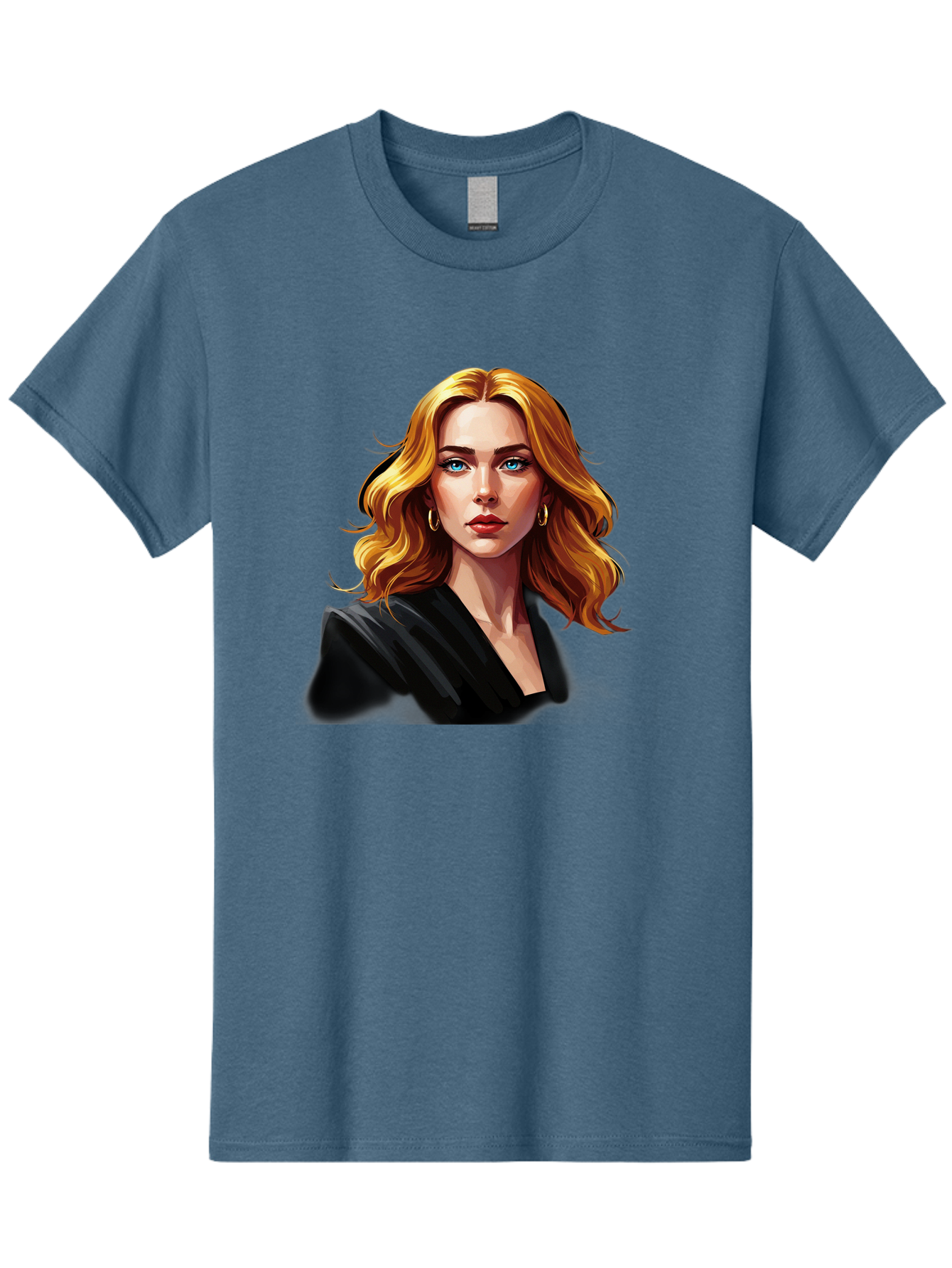 Woman-Portrait-1 Men'S Graphic Tee, 100% Cotton, Comfortable Casual Summer Wear, Machine Washable, Blonde Woman, Blue Eyes, Gold Hoop Earrings, Black Jacket, Fashion Portrait, Digital Art, Wavy Hair, Modern Style, Elegant Look, Bad929