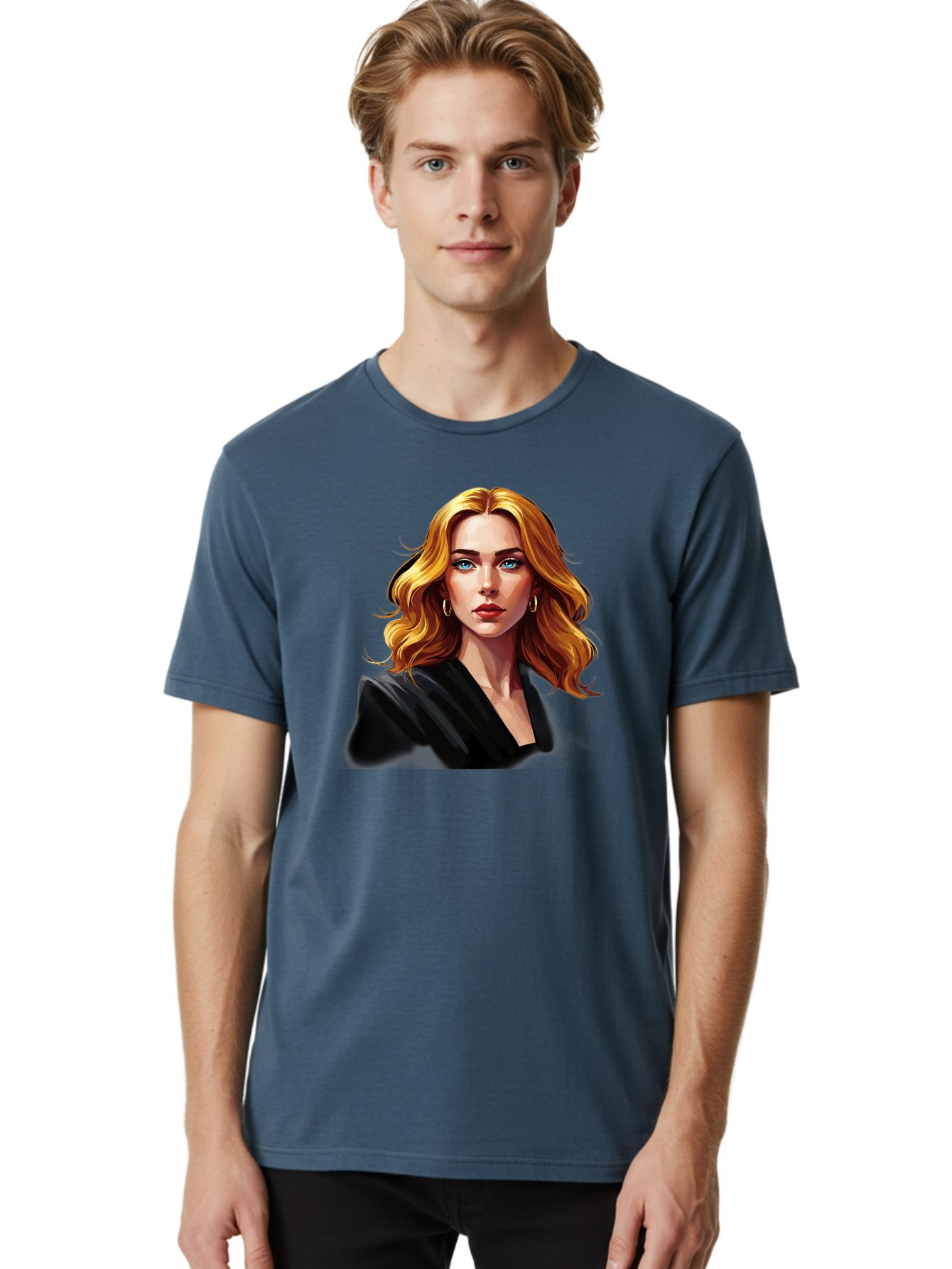 Woman-Portrait-1 Men'S Graphic Tee, 100% Cotton, Comfortable Casual Summer Wear, Machine Washable, Blonde Woman, Blue Eyes, Gold Hoop Earrings, Black Jacket, Fashion Portrait, Digital Art, Wavy Hair, Modern Style, Elegant Look, Bad929