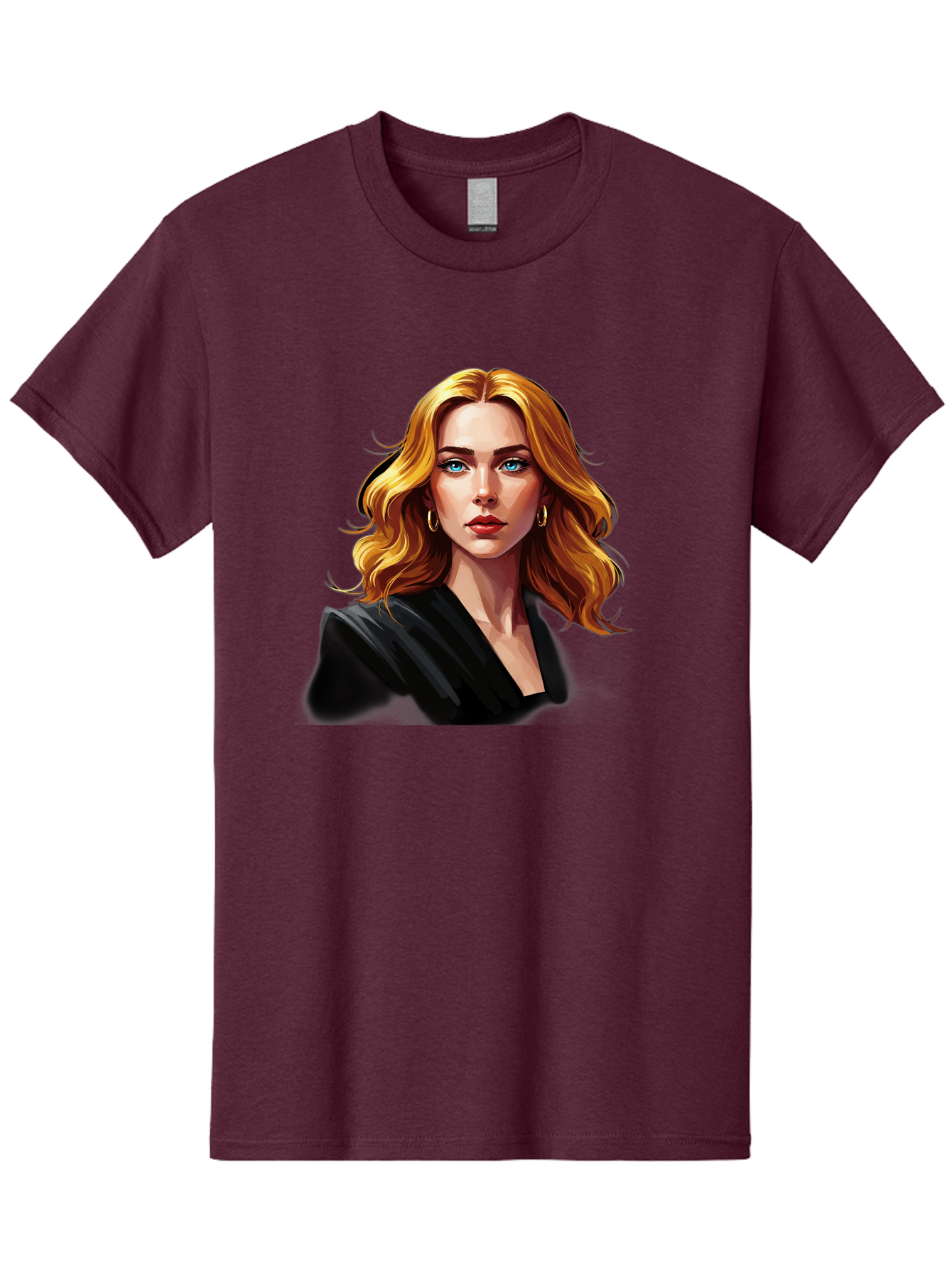 Woman-Portrait-1 Men'S Graphic Tee, 100% Cotton, Comfortable Casual Summer Wear, Machine Washable, Blonde Woman, Blue Eyes, Gold Hoop Earrings, Black Jacket, Fashion Portrait, Digital Art, Wavy Hair, Modern Style, Elegant Look, Bad929