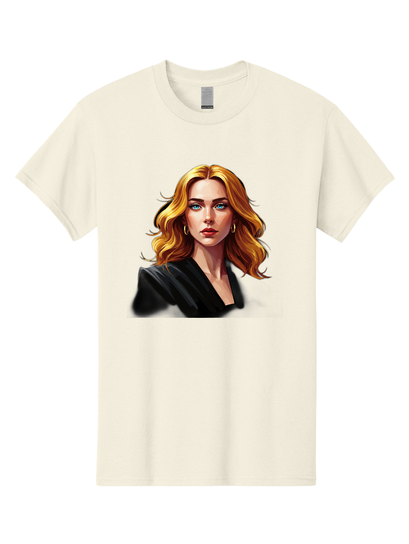 Woman-Portrait-1 Men'S Graphic Tee, 100% Cotton, Comfortable Casual Summer Wear, Machine Washable, Blonde Woman, Blue Eyes, Gold Hoop Earrings, Black Jacket, Fashion Portrait, Digital Art, Wavy Hair, Modern Style, Elegant Look, Bad929