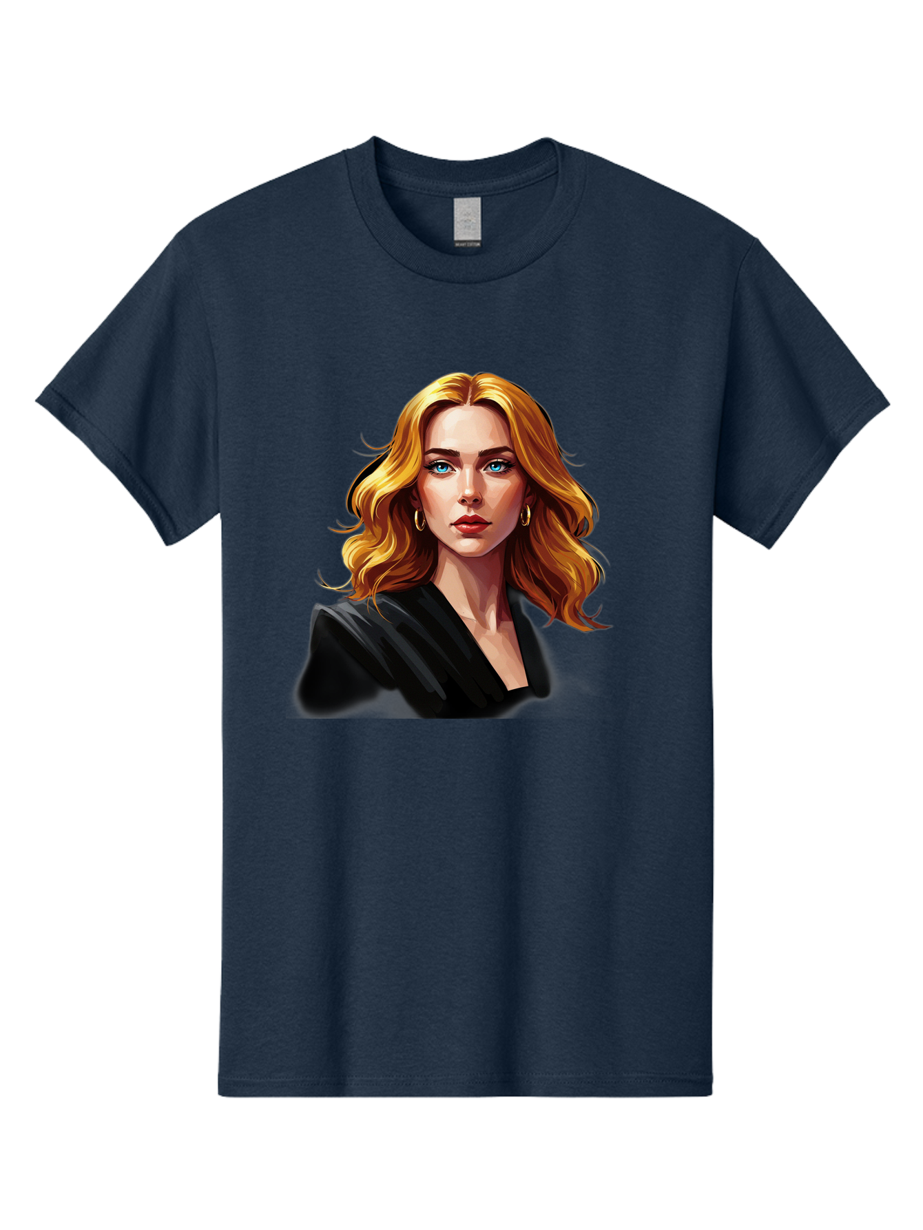 Woman-Portrait-1 Men'S Graphic Tee, 100% Cotton, Comfortable Casual Summer Wear, Machine Washable, Blonde Woman, Blue Eyes, Gold Hoop Earrings, Black Jacket, Fashion Portrait, Digital Art, Wavy Hair, Modern Style, Elegant Look, Bad929