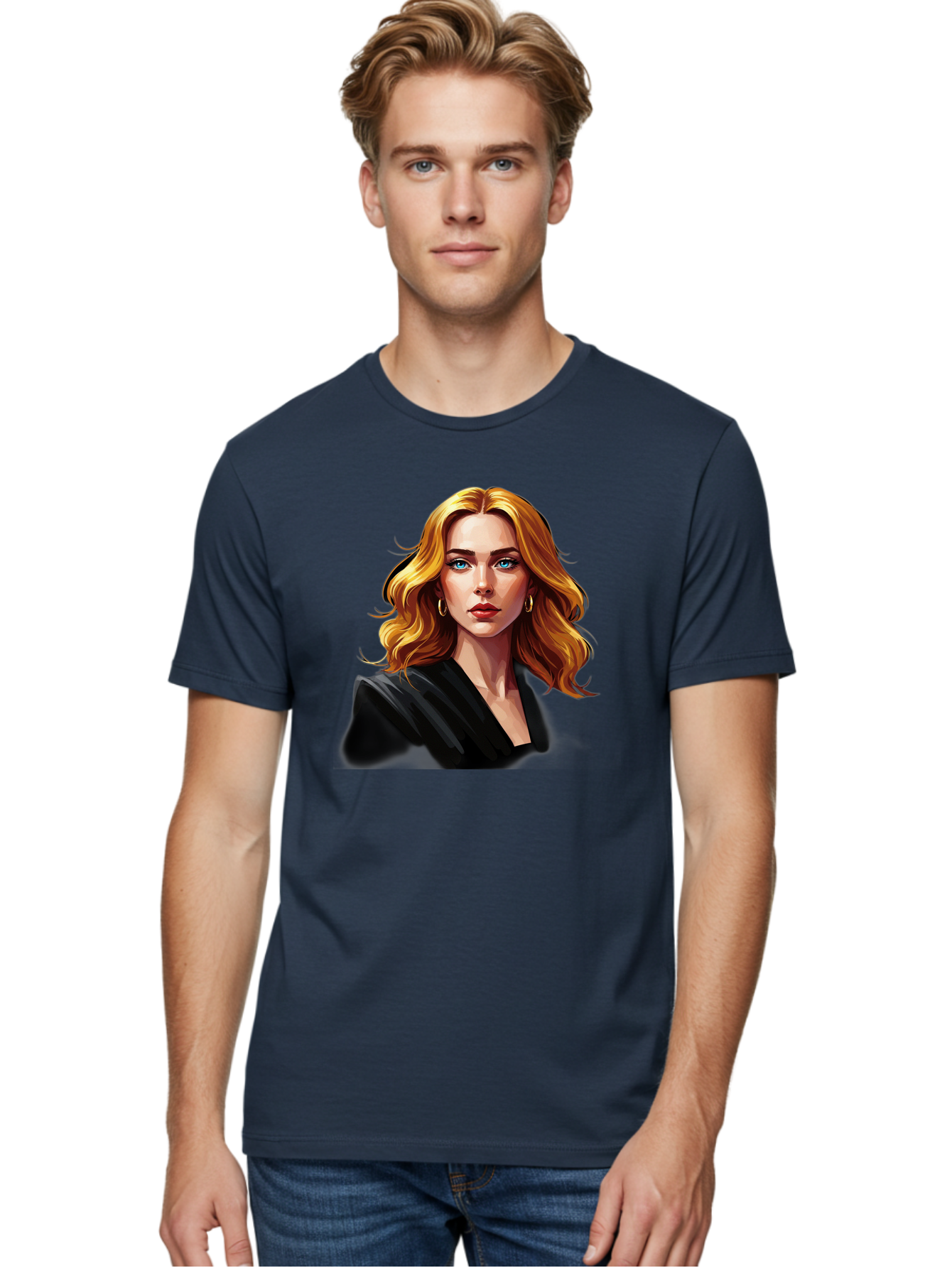 Woman-Portrait-1 Men'S Graphic Tee, 100% Cotton, Comfortable Casual Summer Wear, Machine Washable, Blonde Woman, Blue Eyes, Gold Hoop Earrings, Black Jacket, Fashion Portrait, Digital Art, Wavy Hair, Modern Style, Elegant Look, Bad929