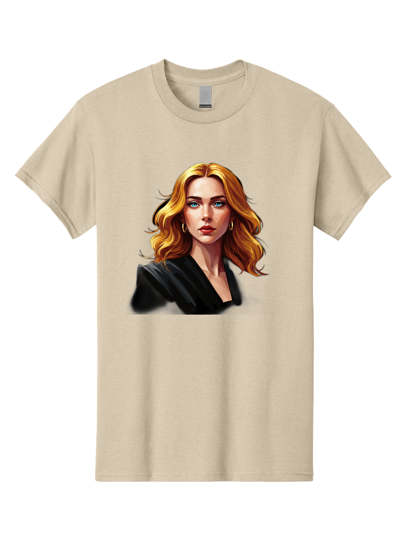 Woman-Portrait-1 Men'S Graphic Tee, 100% Cotton, Comfortable Casual Summer Wear, Machine Washable, Blonde Woman, Blue Eyes, Gold Hoop Earrings, Black Jacket, Fashion Portrait, Digital Art, Wavy Hair, Modern Style, Elegant Look, Bad929