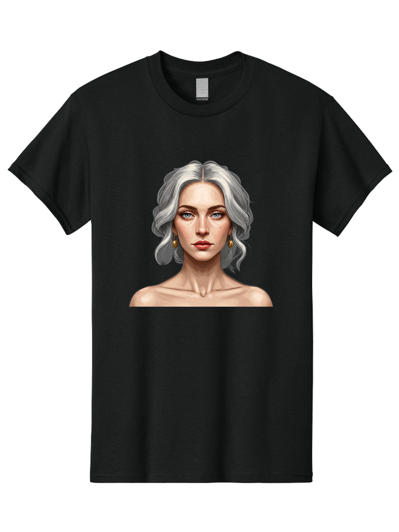 Woman-Portrait Men'S Graphic Tee, 100% Cotton, Comfortable Casual Summer Wear, Machine Washable, Silver Hair, Blue Eyes, Elegant Earrings, Digital Illustration, Portrait, Female Character, Modern Art, Captivating Gaze, Shoulder-Length Hair, Bad930