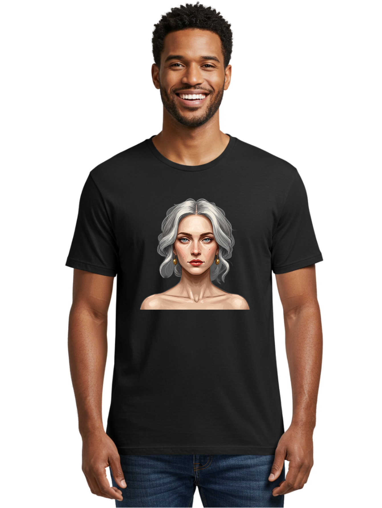 Woman-Portrait Men'S Graphic Tee, 100% Cotton, Comfortable Casual Summer Wear, Machine Washable, Silver Hair, Blue Eyes, Elegant Earrings, Digital Illustration, Portrait, Female Character, Modern Art, Captivating Gaze, Shoulder-Length Hair, Bad930