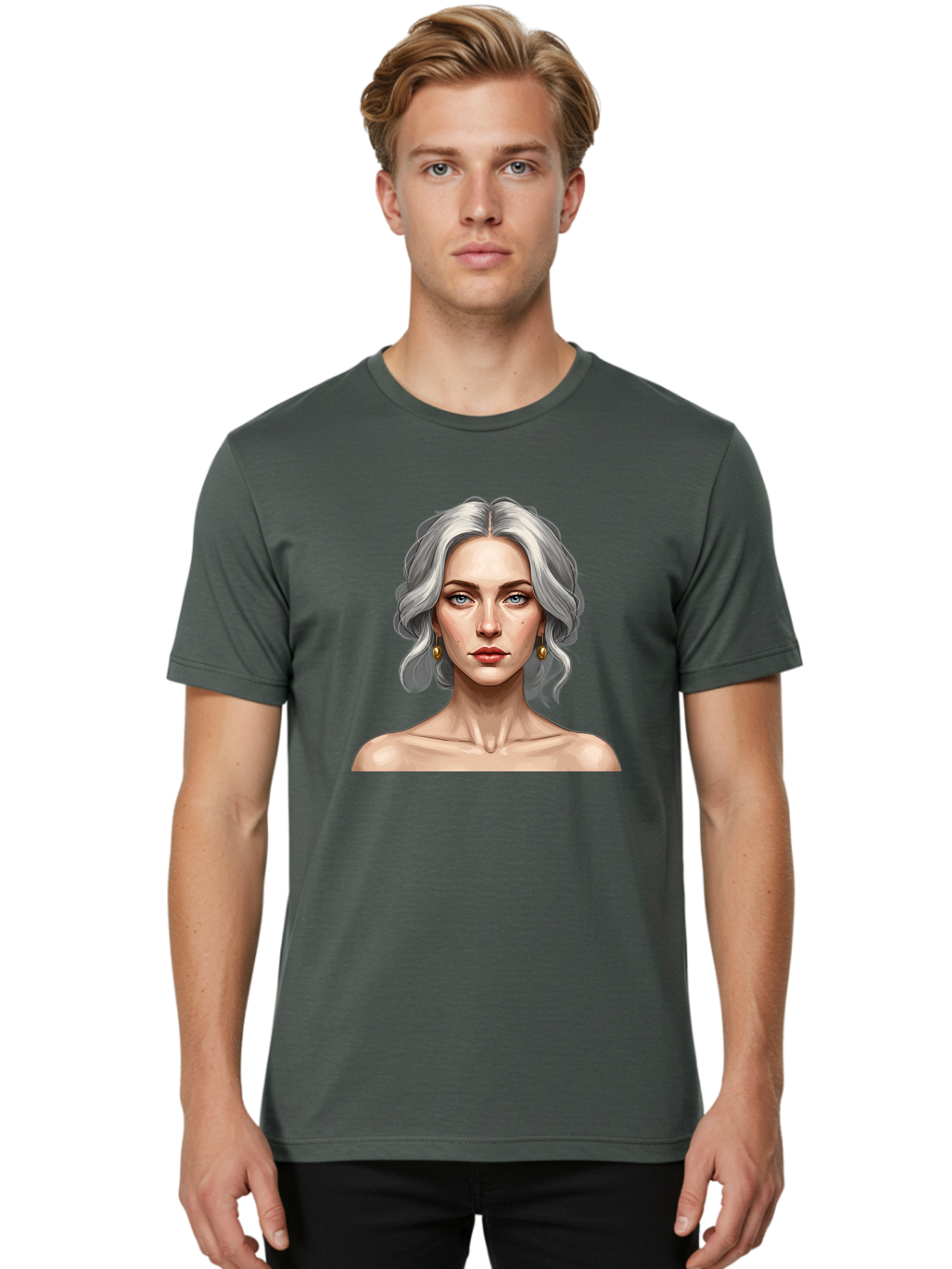 Woman-Portrait Men'S Graphic Tee, 100% Cotton, Comfortable Casual Summer Wear, Machine Washable, Silver Hair, Blue Eyes, Elegant Earrings, Digital Illustration, Portrait, Female Character, Modern Art, Captivating Gaze, Shoulder-Length Hair, Bad930