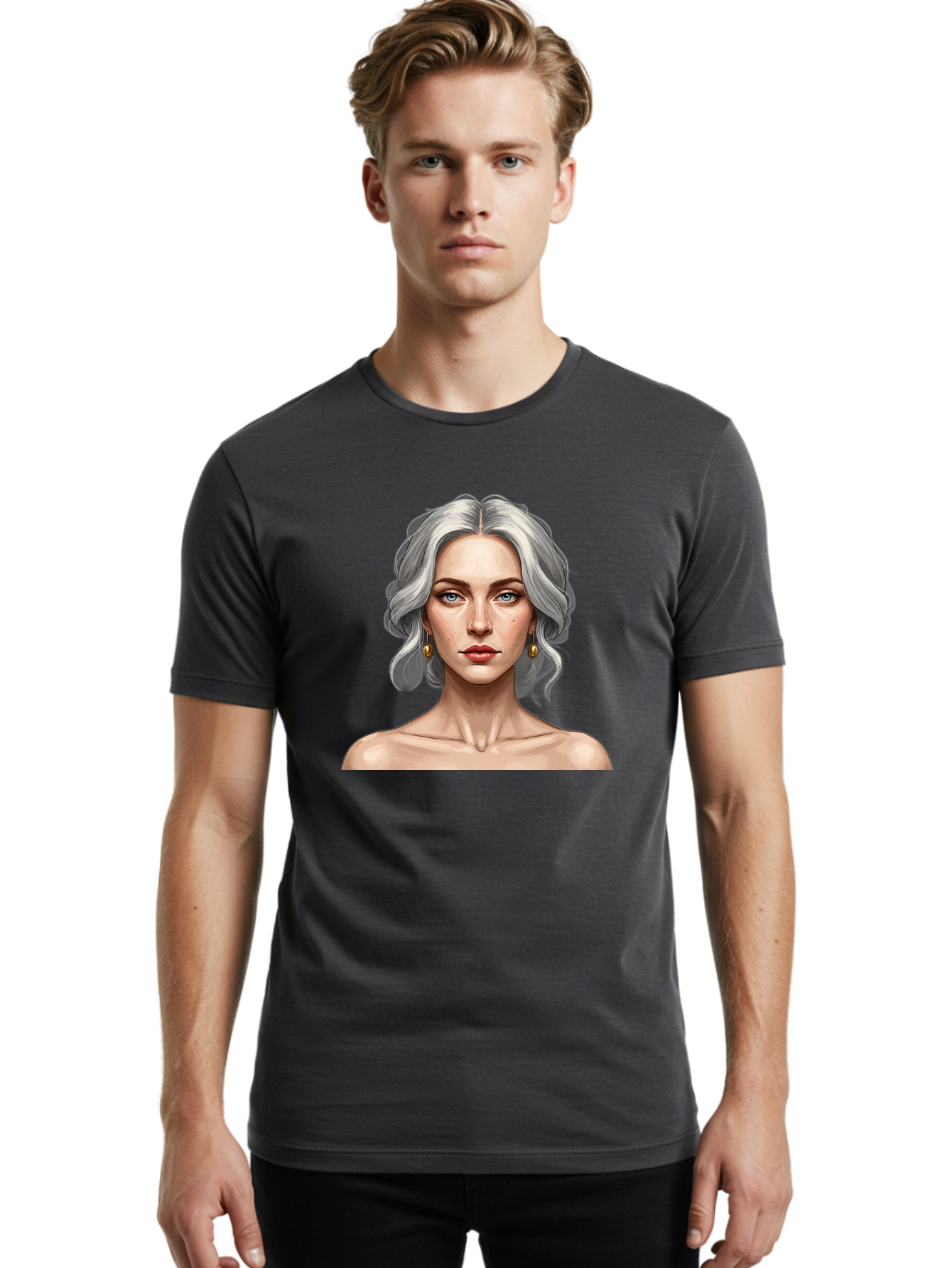 Woman-Portrait Men'S Graphic Tee, 100% Cotton, Comfortable Casual Summer Wear, Machine Washable, Silver Hair, Blue Eyes, Elegant Earrings, Digital Illustration, Portrait, Female Character, Modern Art, Captivating Gaze, Shoulder-Length Hair, Bad930