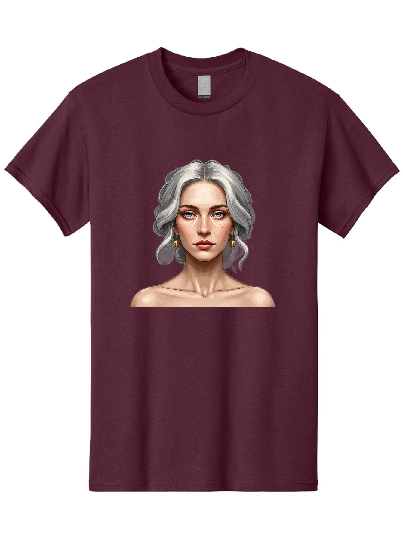 Woman-Portrait Men'S Graphic Tee, 100% Cotton, Comfortable Casual Summer Wear, Machine Washable, Silver Hair, Blue Eyes, Elegant Earrings, Digital Illustration, Portrait, Female Character, Modern Art, Captivating Gaze, Shoulder-Length Hair, Bad930