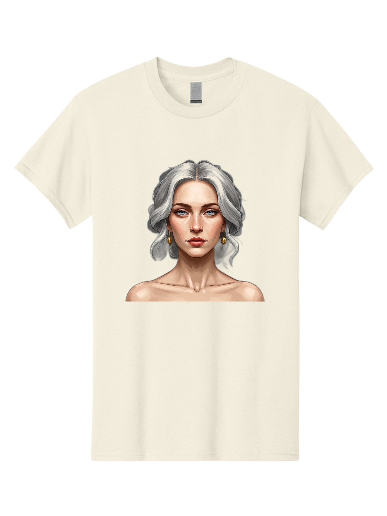 Woman-Portrait Men'S Graphic Tee, 100% Cotton, Comfortable Casual Summer Wear, Machine Washable, Silver Hair, Blue Eyes, Elegant Earrings, Digital Illustration, Portrait, Female Character, Modern Art, Captivating Gaze, Shoulder-Length Hair, Bad930