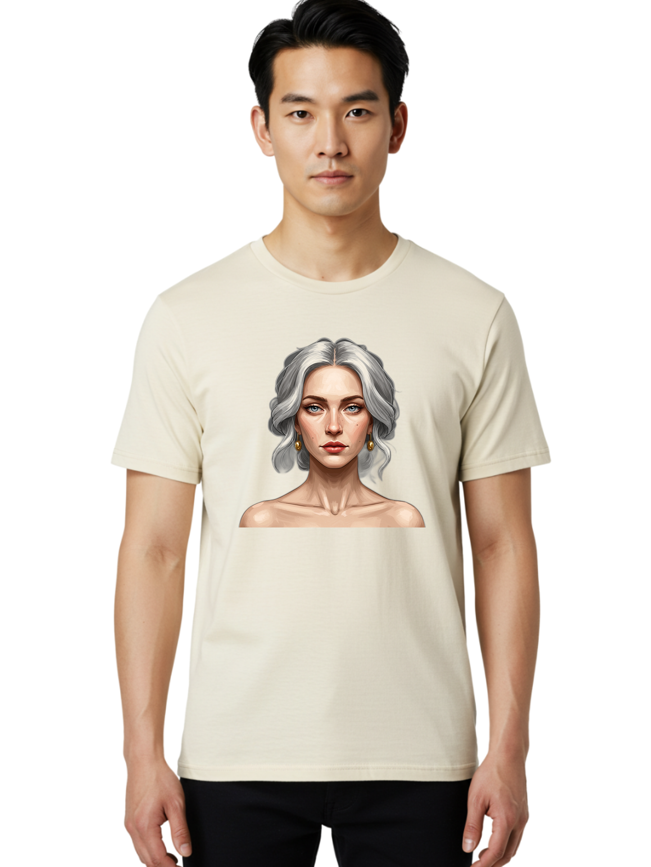 Woman-Portrait Men'S Graphic Tee, 100% Cotton, Comfortable Casual Summer Wear, Machine Washable, Silver Hair, Blue Eyes, Elegant Earrings, Digital Illustration, Portrait, Female Character, Modern Art, Captivating Gaze, Shoulder-Length Hair, Bad930