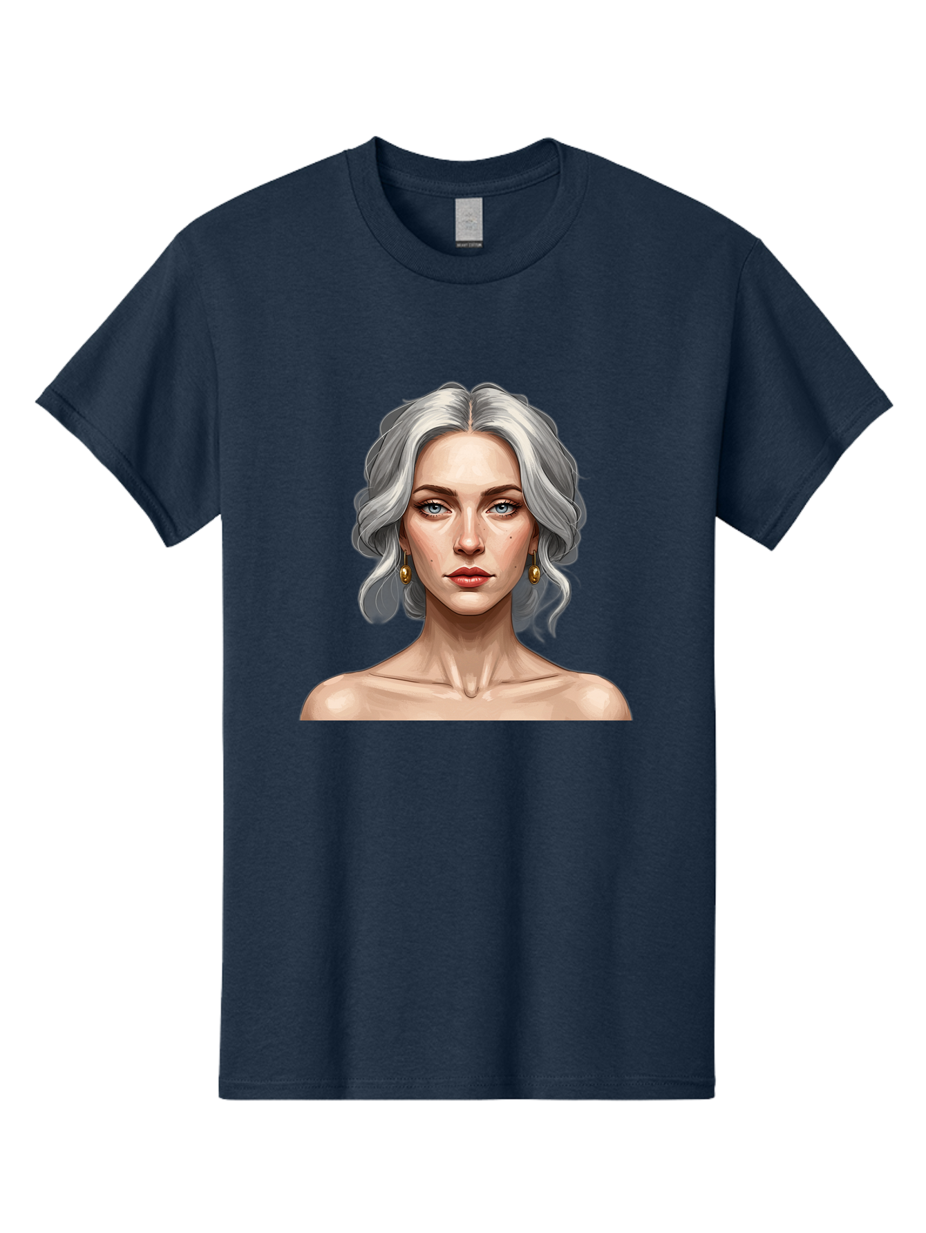 Woman-Portrait Men'S Graphic Tee, 100% Cotton, Comfortable Casual Summer Wear, Machine Washable, Silver Hair, Blue Eyes, Elegant Earrings, Digital Illustration, Portrait, Female Character, Modern Art, Captivating Gaze, Shoulder-Length Hair, Bad930