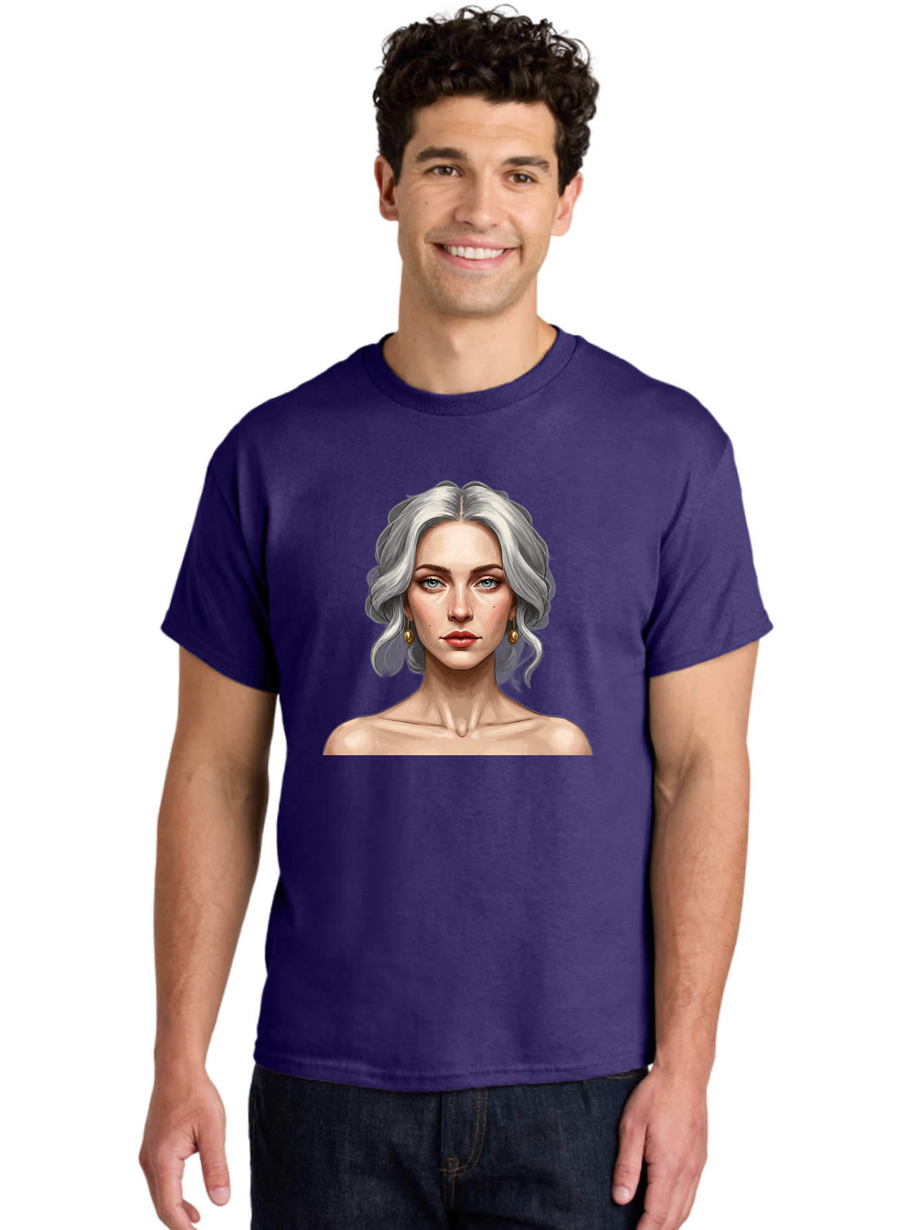 Woman-Portrait Men'S Graphic Tee, 100% Cotton, Comfortable Casual Summer Wear, Machine Washable, Silver Hair, Blue Eyes, Elegant Earrings, Digital Illustration, Portrait, Female Character, Modern Art, Captivating Gaze, Shoulder-Length Hair, Bad930
