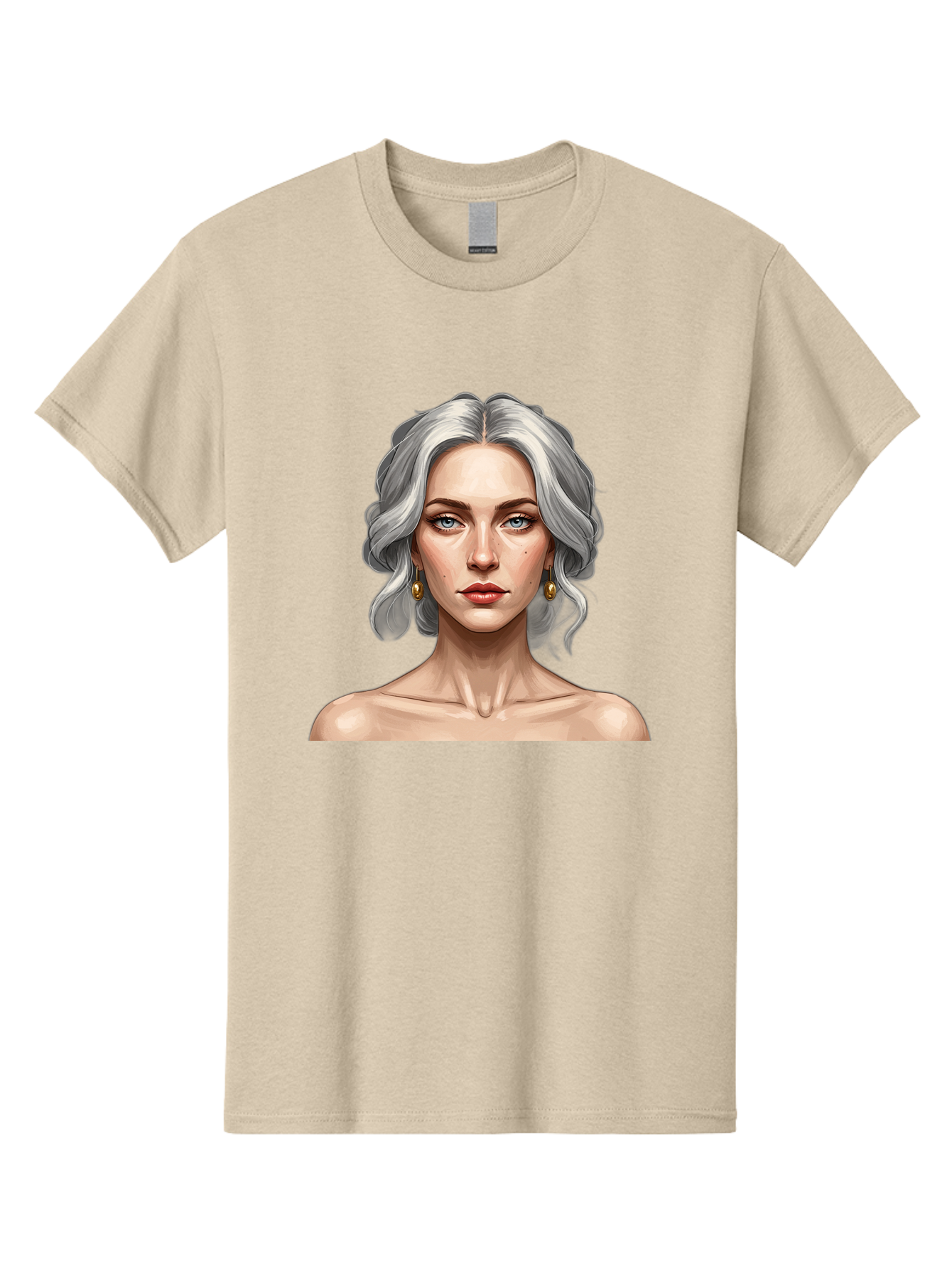 Woman-Portrait Men'S Graphic Tee, 100% Cotton, Comfortable Casual Summer Wear, Machine Washable, Silver Hair, Blue Eyes, Elegant Earrings, Digital Illustration, Portrait, Female Character, Modern Art, Captivating Gaze, Shoulder-Length Hair, Bad930