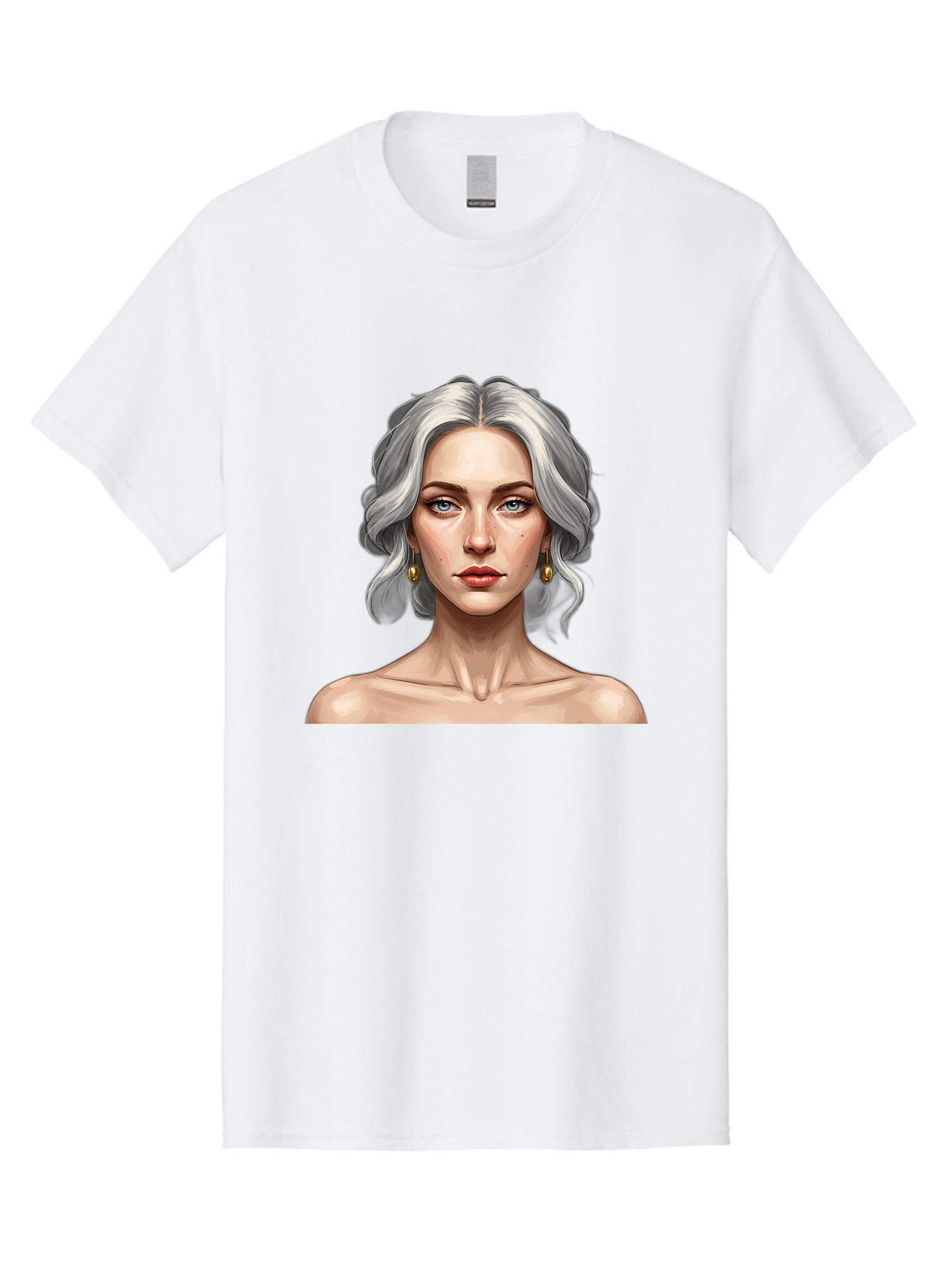 Woman-Portrait Men'S Graphic Tee, 100% Cotton, Comfortable Casual Summer Wear, Machine Washable, Silver Hair, Blue Eyes, Elegant Earrings, Digital Illustration, Portrait, Female Character, Modern Art, Captivating Gaze, Shoulder-Length Hair, Bad930