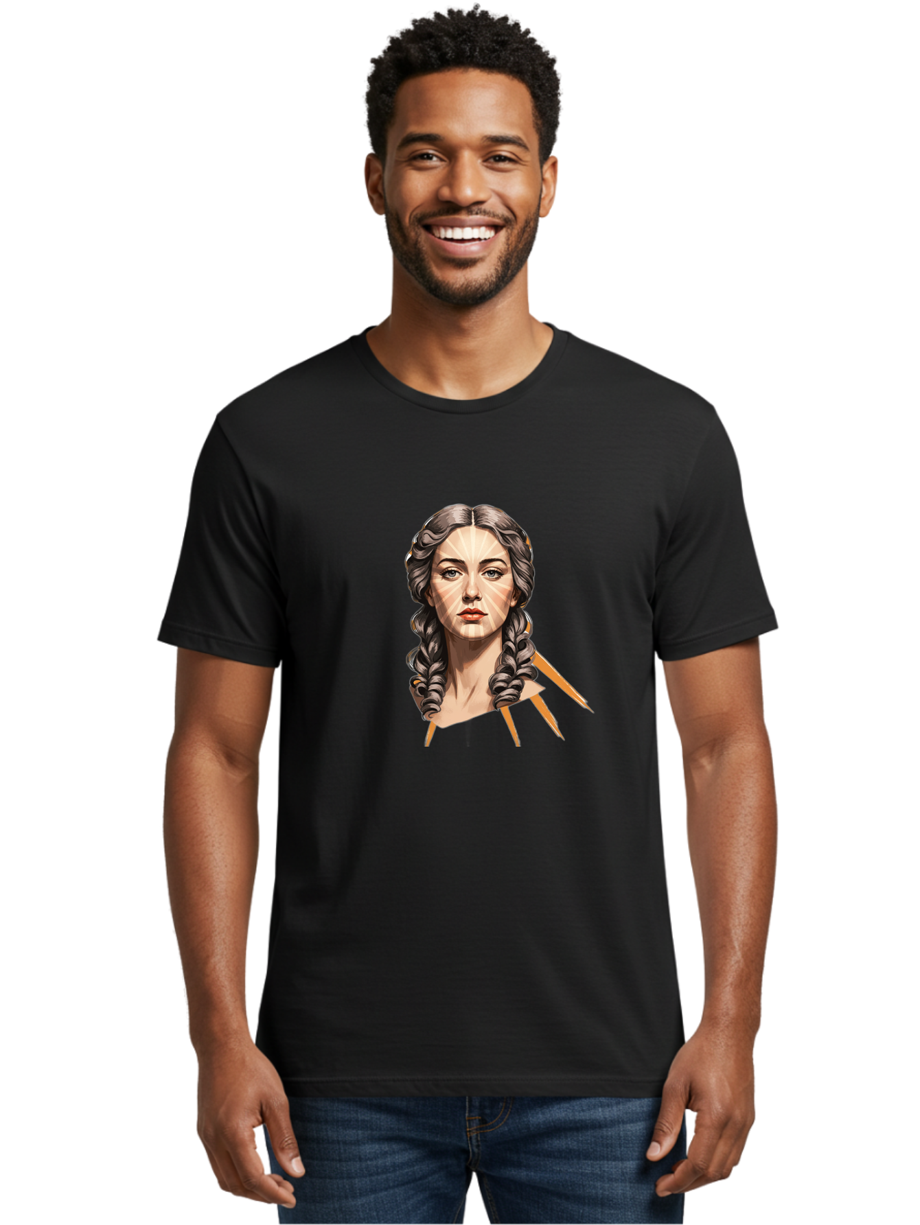 Woman-With-Braids Men'S Graphic Tee, 100% Cotton, Comfortable Casual Summer Wear, Machine Washable, Illustration Of A Woman, Braided Hair, Geometric Lines, Face Mapping, Digital Art, Modern Illustration, Creative Portrait, Artistic Expression Bad931