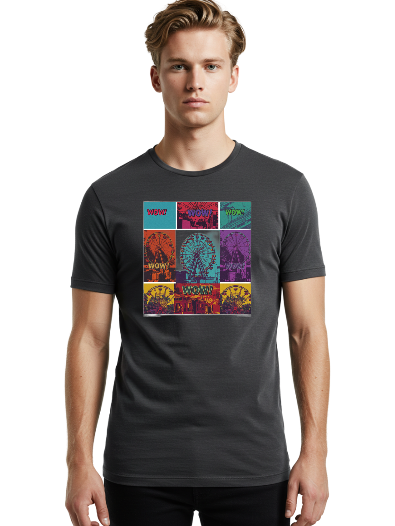Wow-Ferris-Wheel-Collage Men'S Graphic Tee, 100% Cotton, Comfortable Casual Summer Wear, Machine Washable, Ferris Wheel At Carnival, Amusement Park, Colorful Graphics, Vibrant Colors, Wow Expression, Pop Art Style, Funfair, Thrill Ride, Bad932