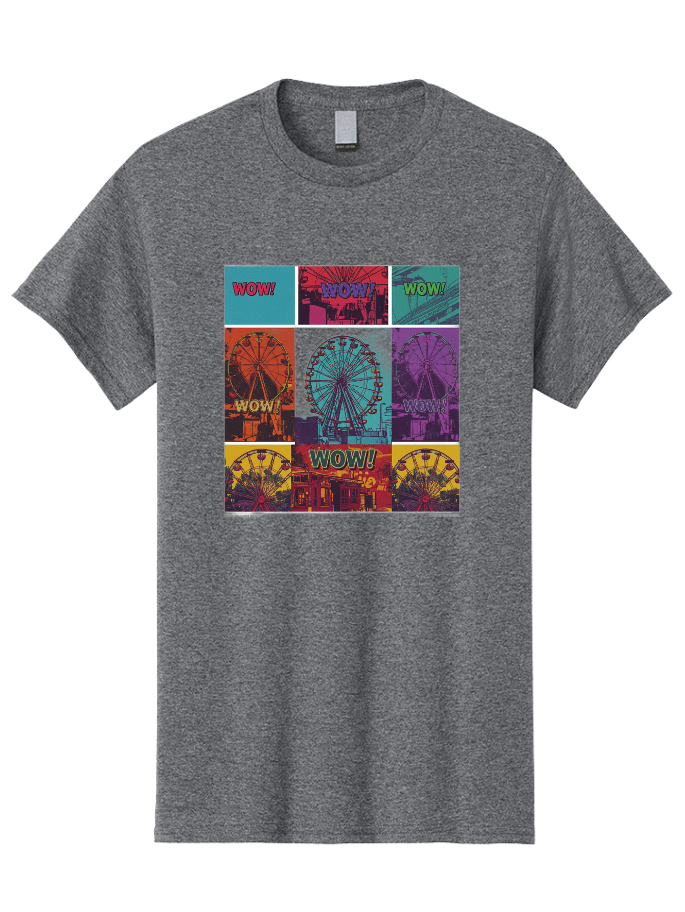 Wow-Ferris-Wheel-Collage Men'S Graphic Tee, 100% Cotton, Comfortable Casual Summer Wear, Machine Washable, Ferris Wheel At Carnival, Amusement Park, Colorful Graphics, Vibrant Colors, Wow Expression, Pop Art Style, Funfair, Thrill Ride, Bad932