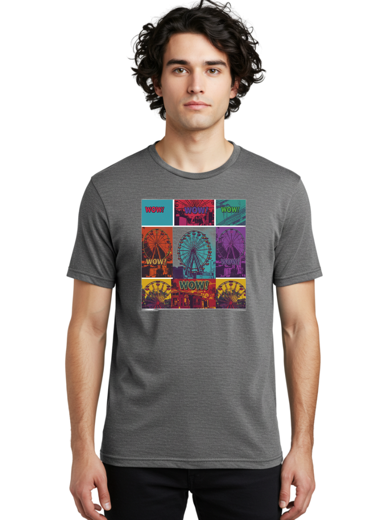 Wow-Ferris-Wheel-Collage Men'S Graphic Tee, 100% Cotton, Comfortable Casual Summer Wear, Machine Washable, Ferris Wheel At Carnival, Amusement Park, Colorful Graphics, Vibrant Colors, Wow Expression, Pop Art Style, Funfair, Thrill Ride, Bad932