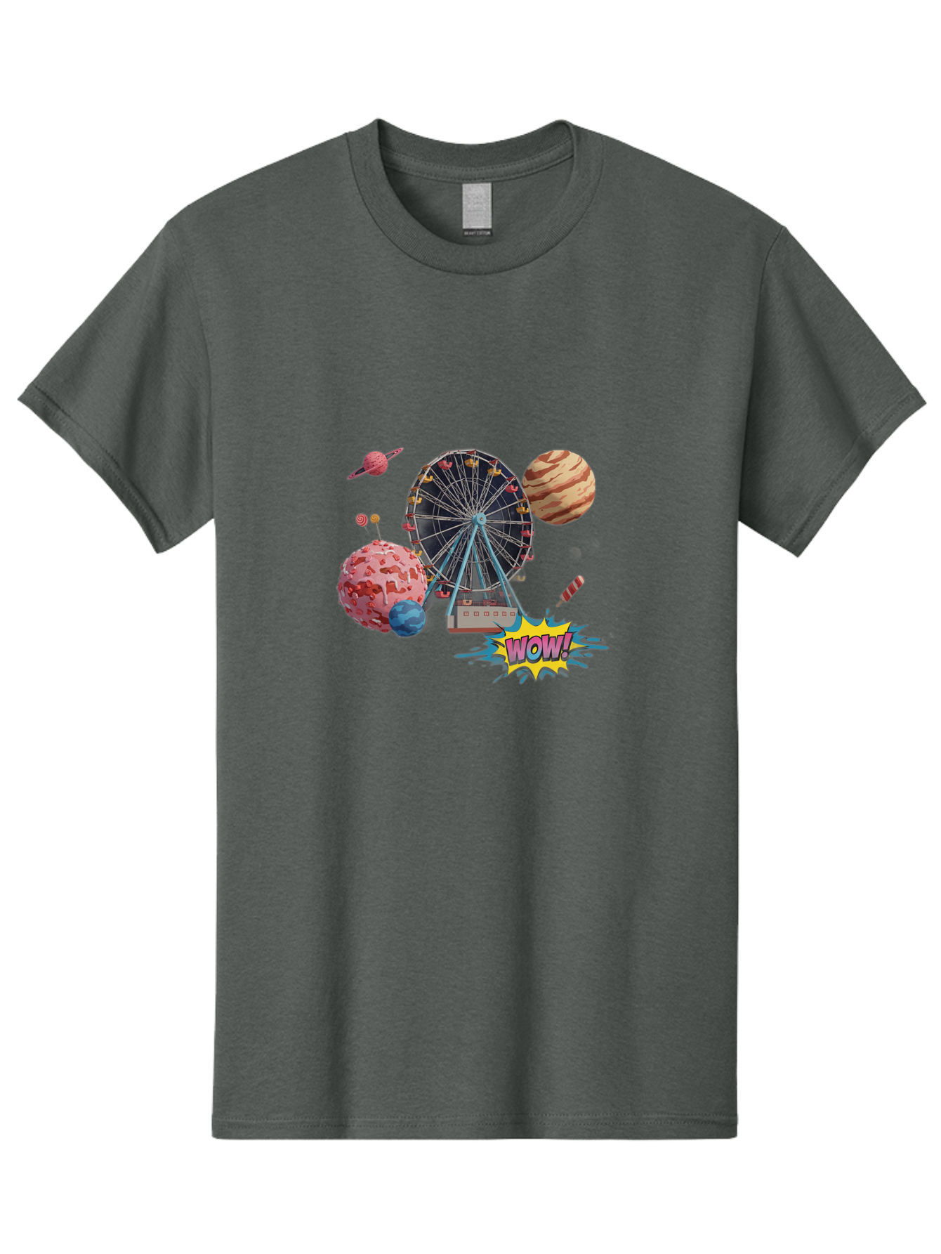 Wow Men'S Graphic Tee, 100% Cotton, Comfortable Casual Summer Wear, Machine Washable, Carnival Ferris Wheel, Planets, Explosion, Comic Speech Bubble, Wow Text, Colorful Illustration, Amusement Park, Whimsical Art, Fantasy Scene, Bad933